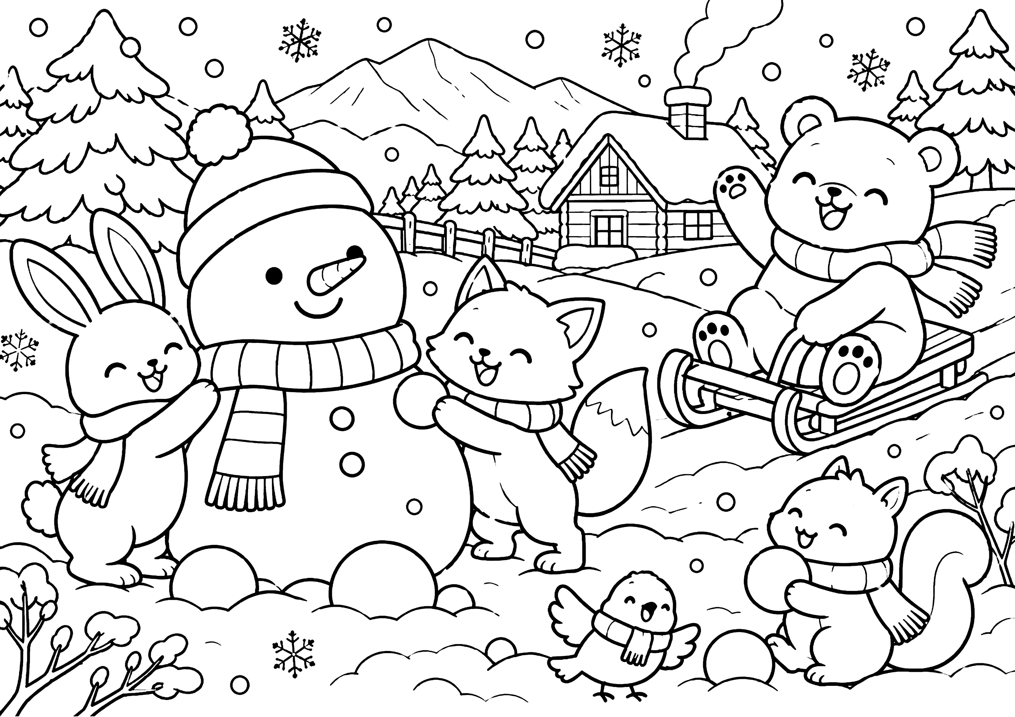 動物達の雪遊び 塗り絵