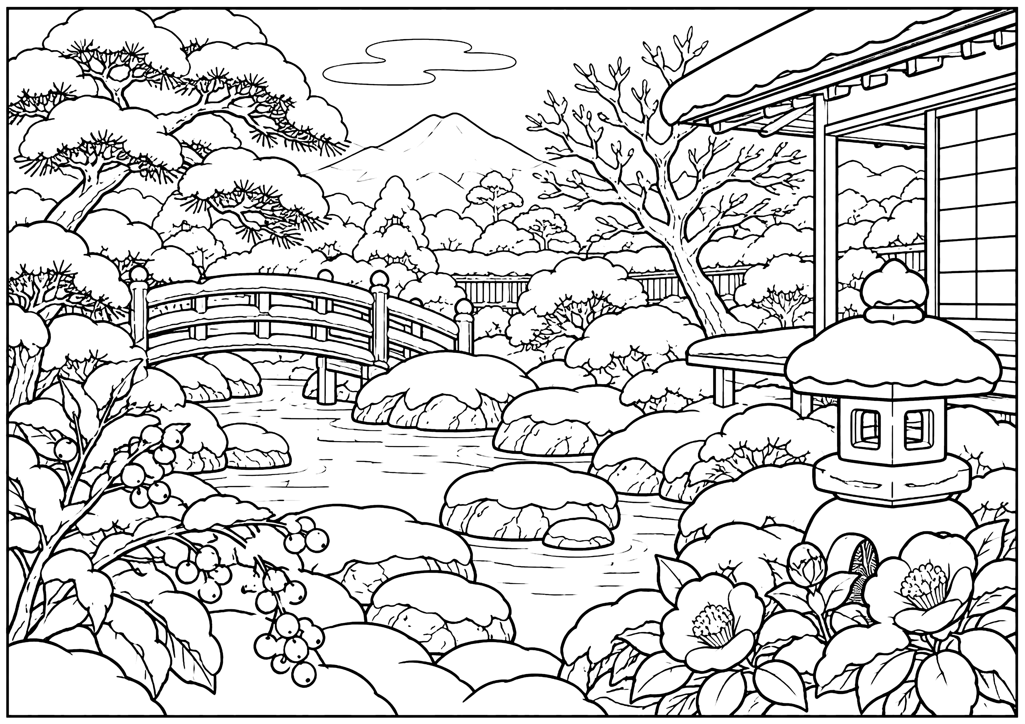 雪積もる庭 塗り絵