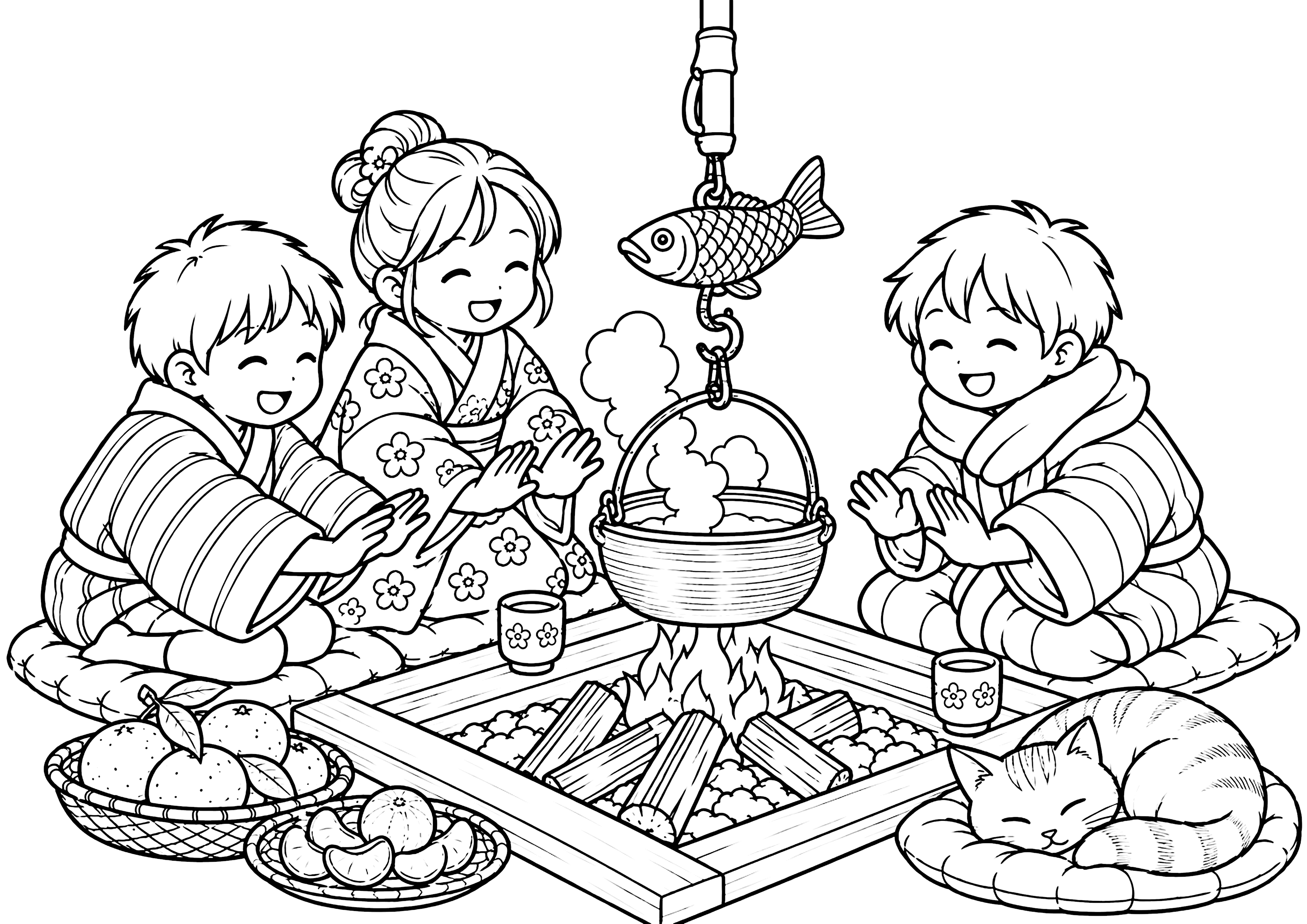 囲炉裏と子供達 塗り絵