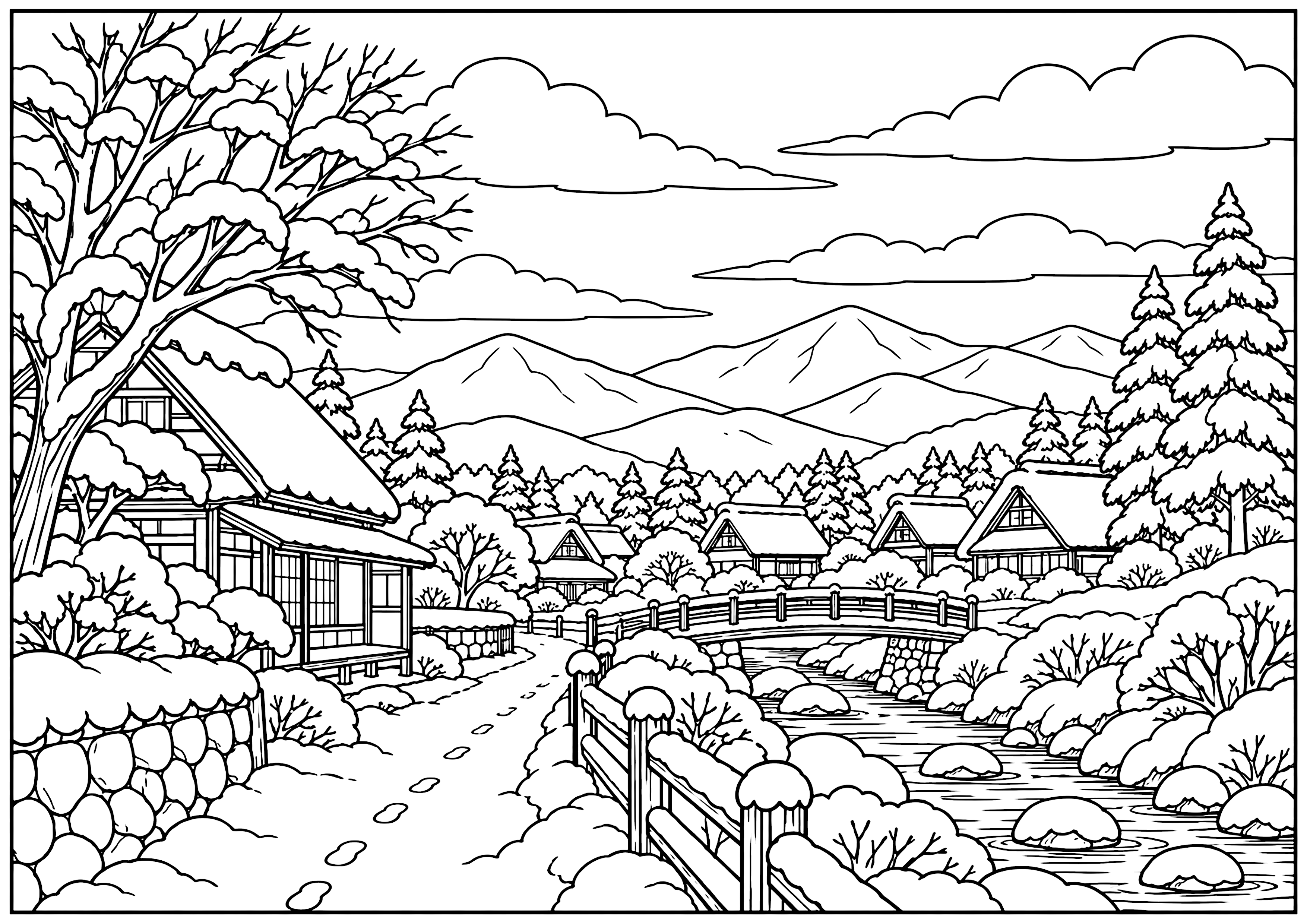 雪の里山と村 塗り絵