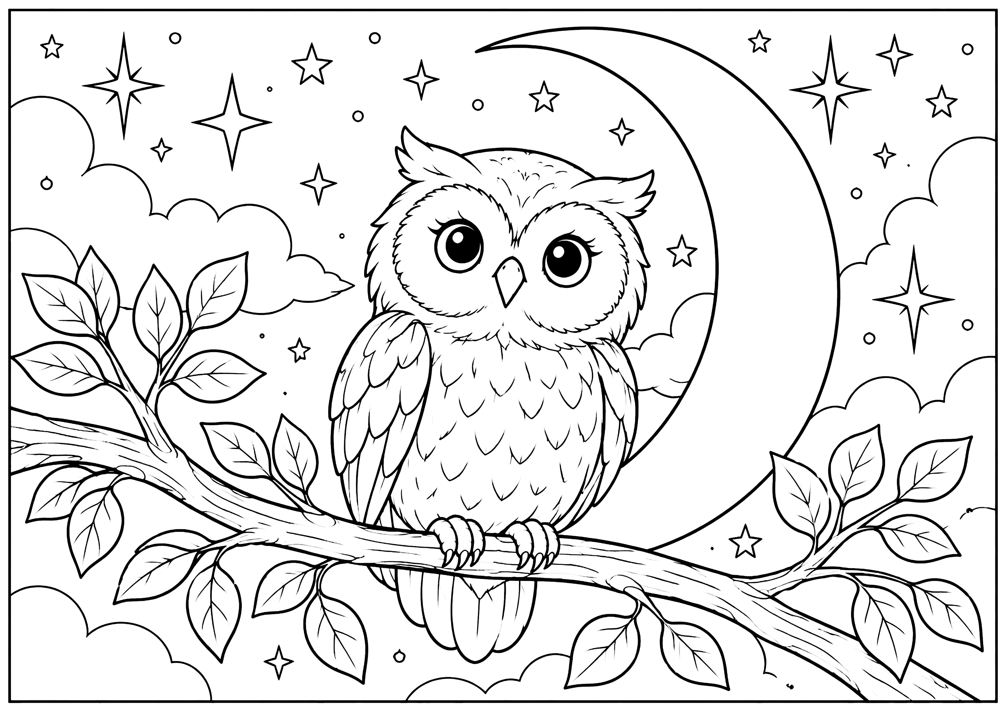 フクロウと三日月 塗り絵