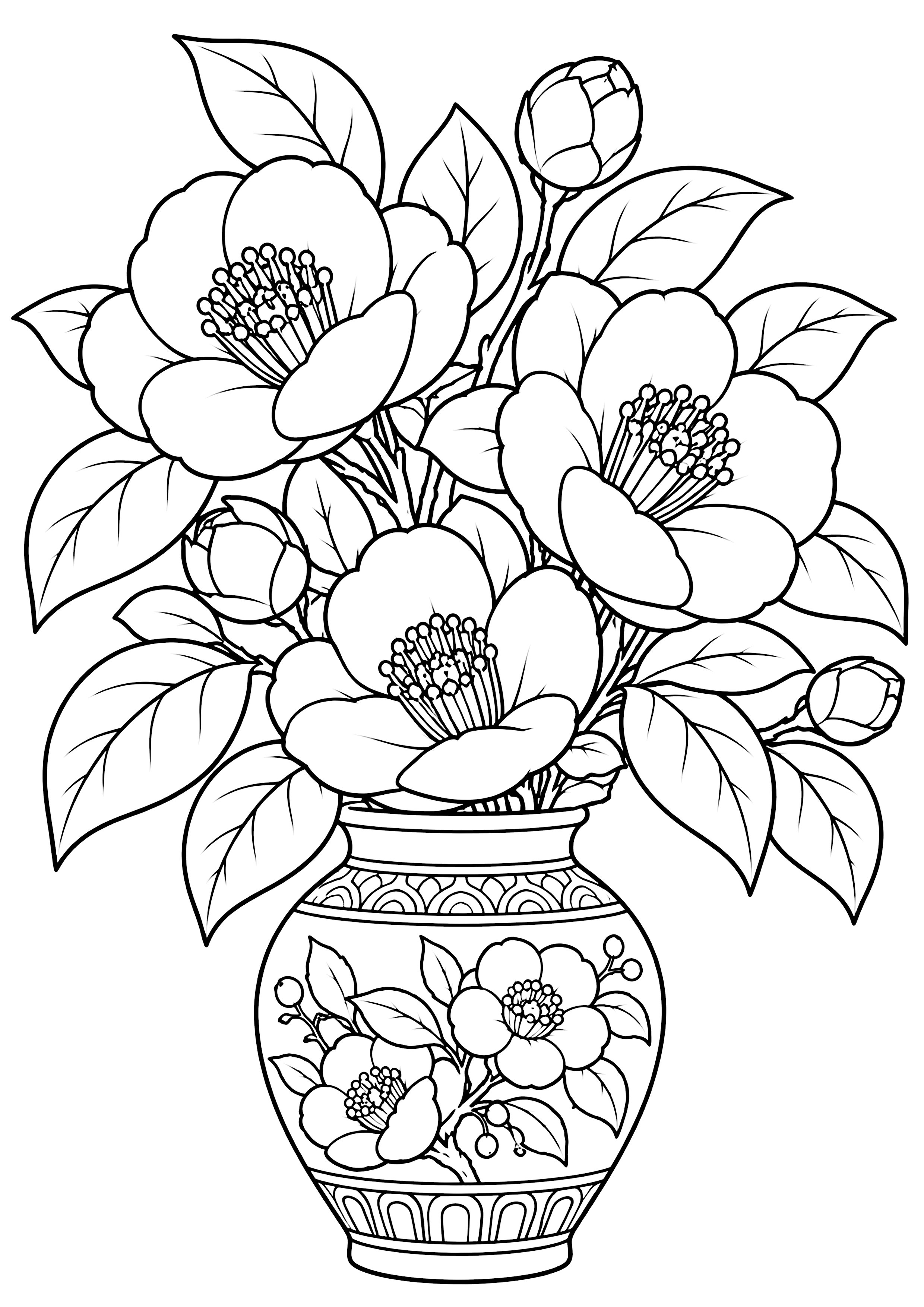 花瓶に椿 塗り絵