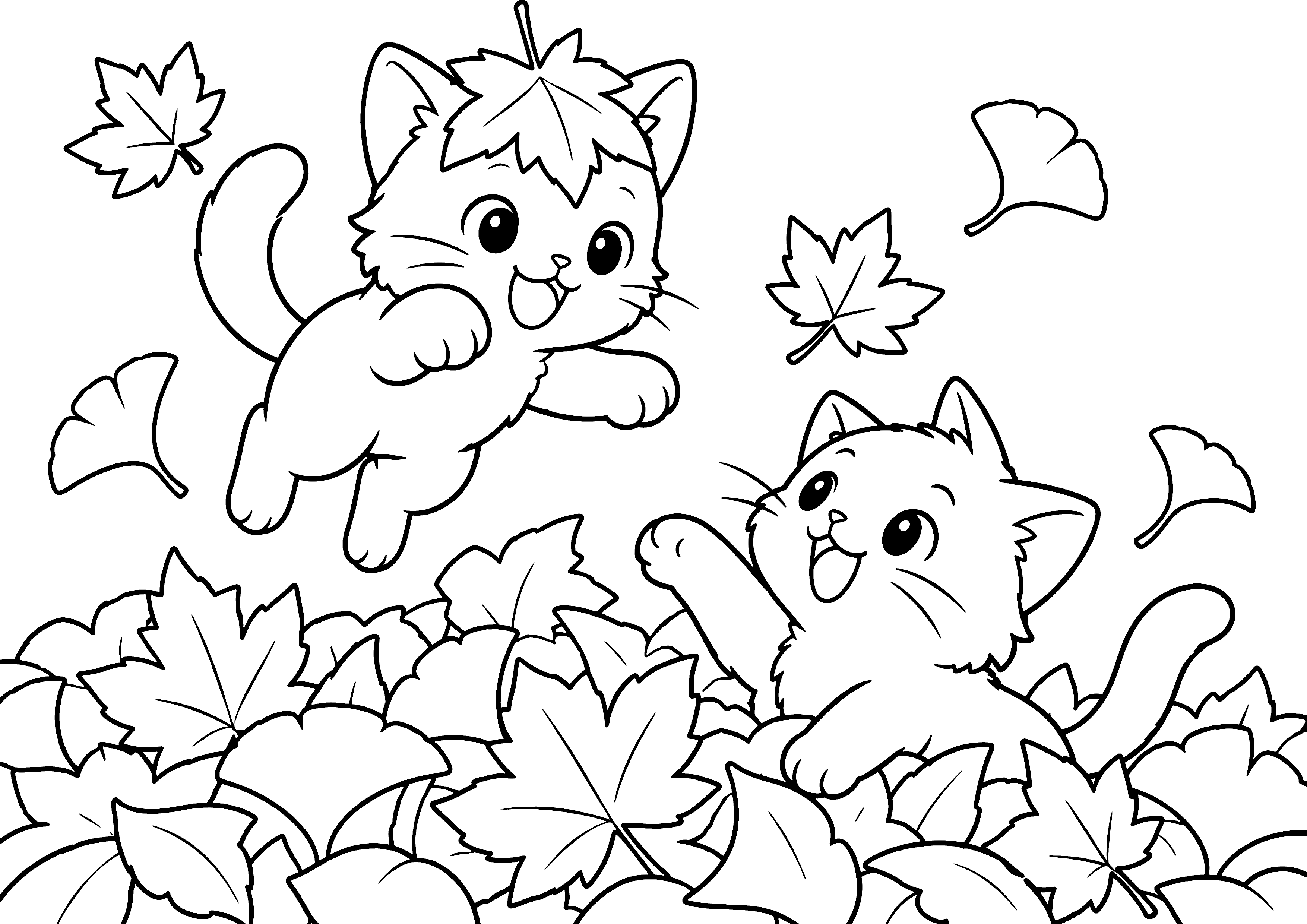 落ち葉で遊ぶ子猫 塗り絵