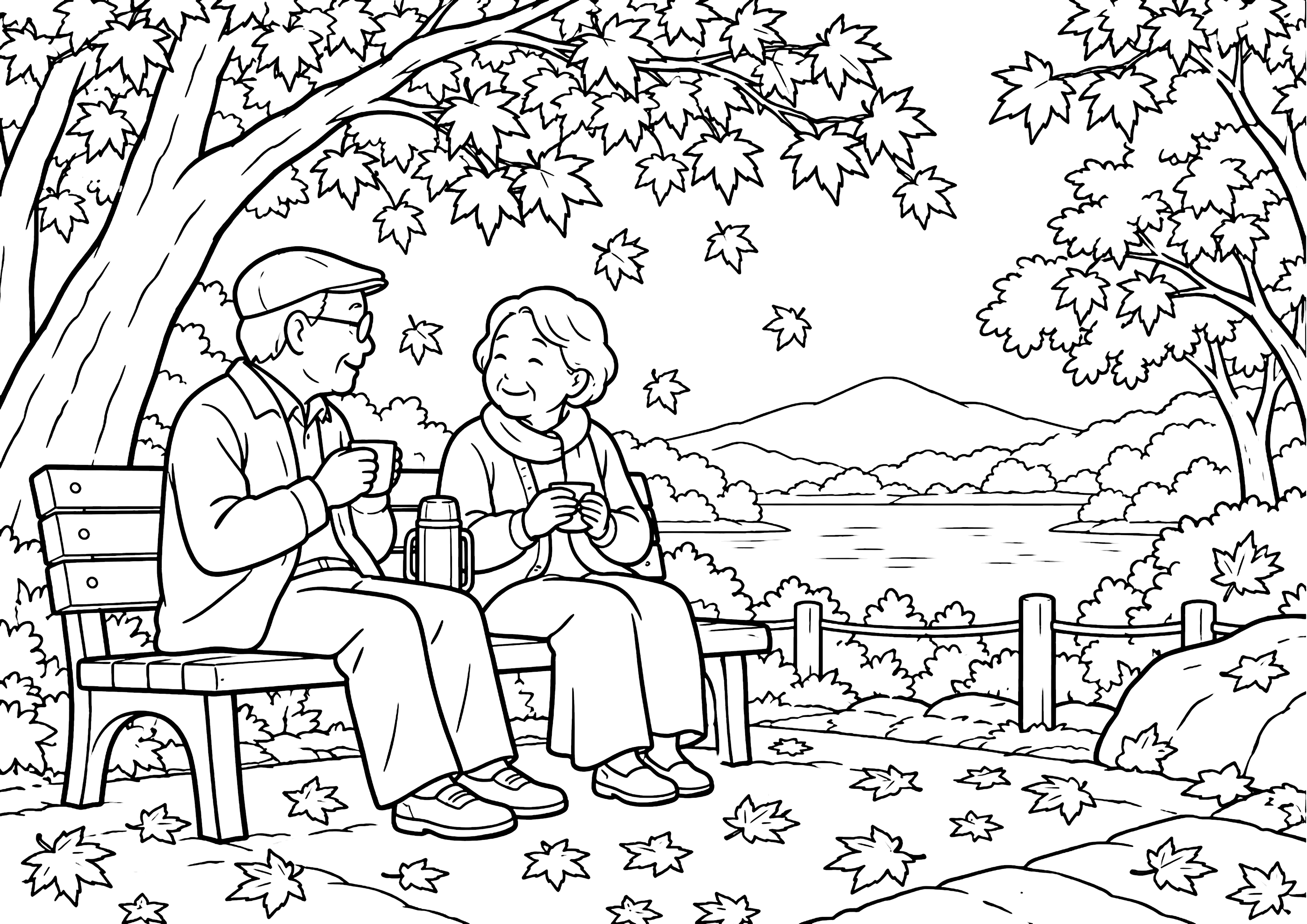 紅葉と老夫婦 塗り絵