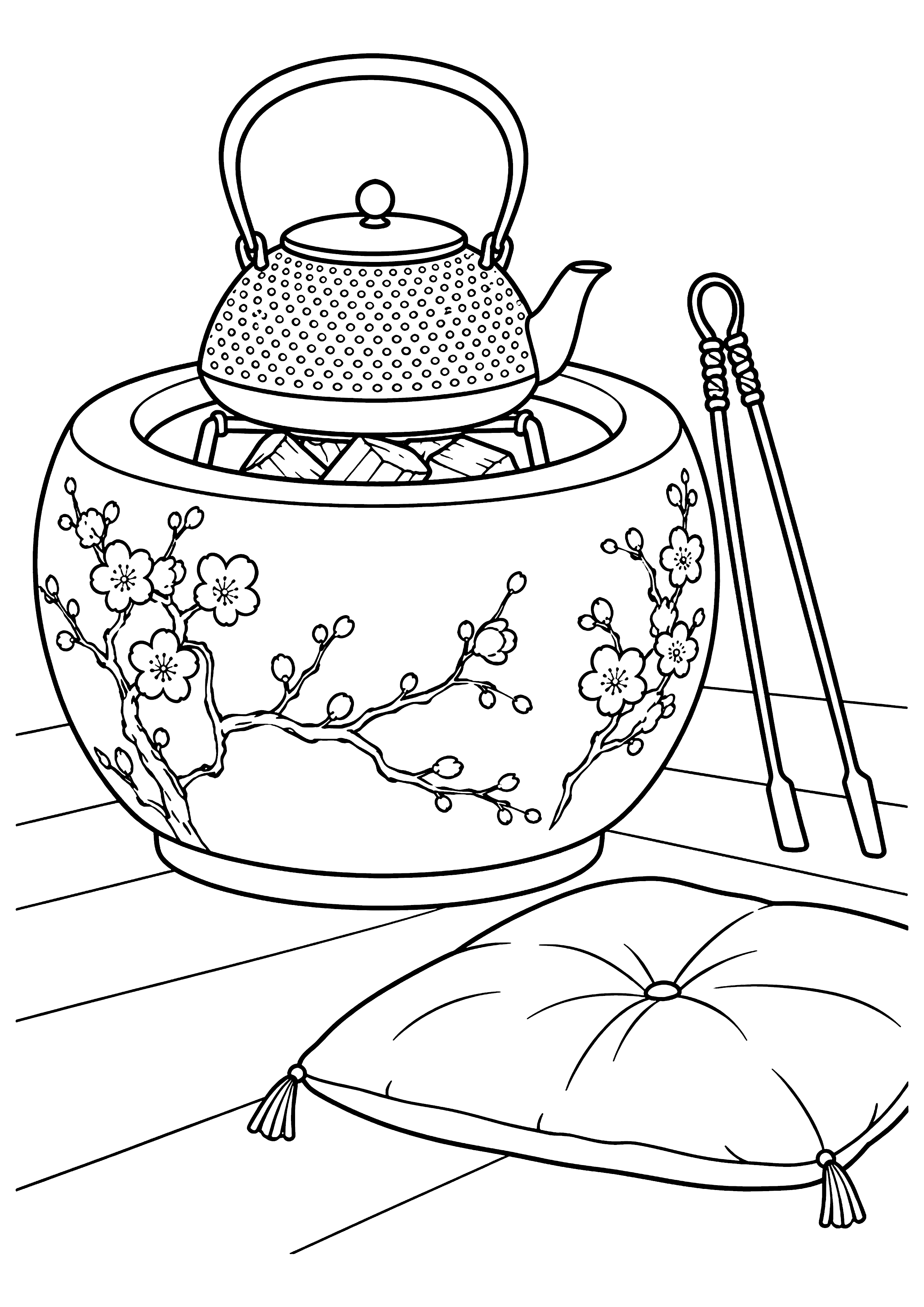 火鉢と鉄瓶 塗り絵