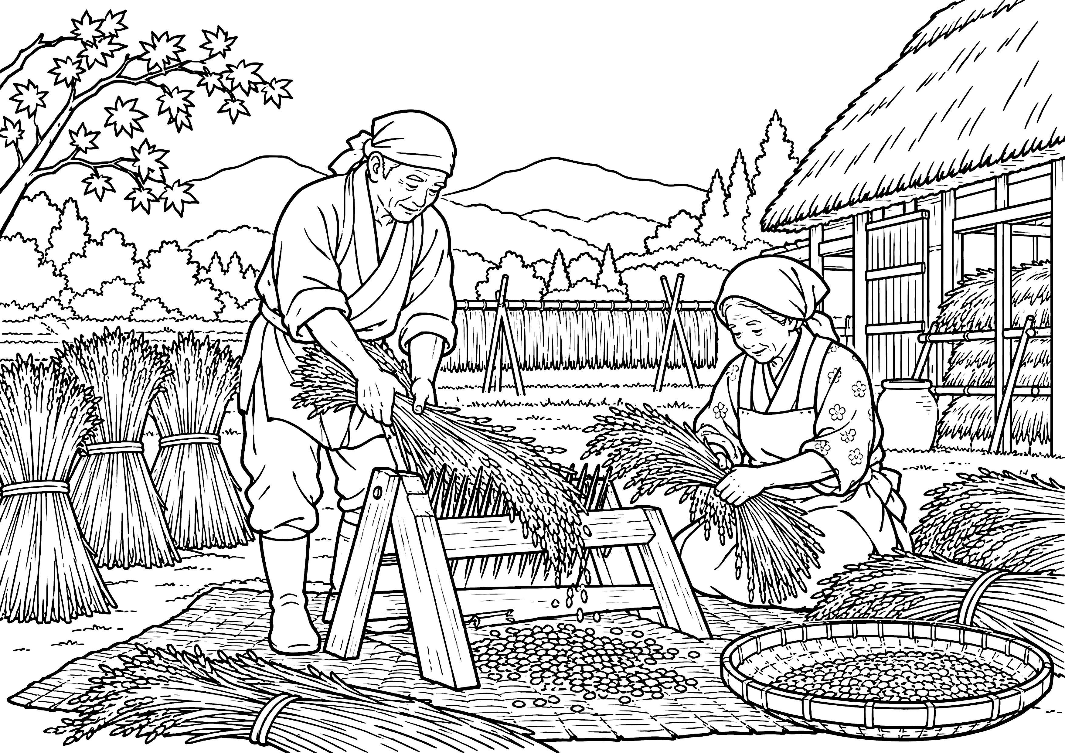 千歯こきの脱穀 塗り絵