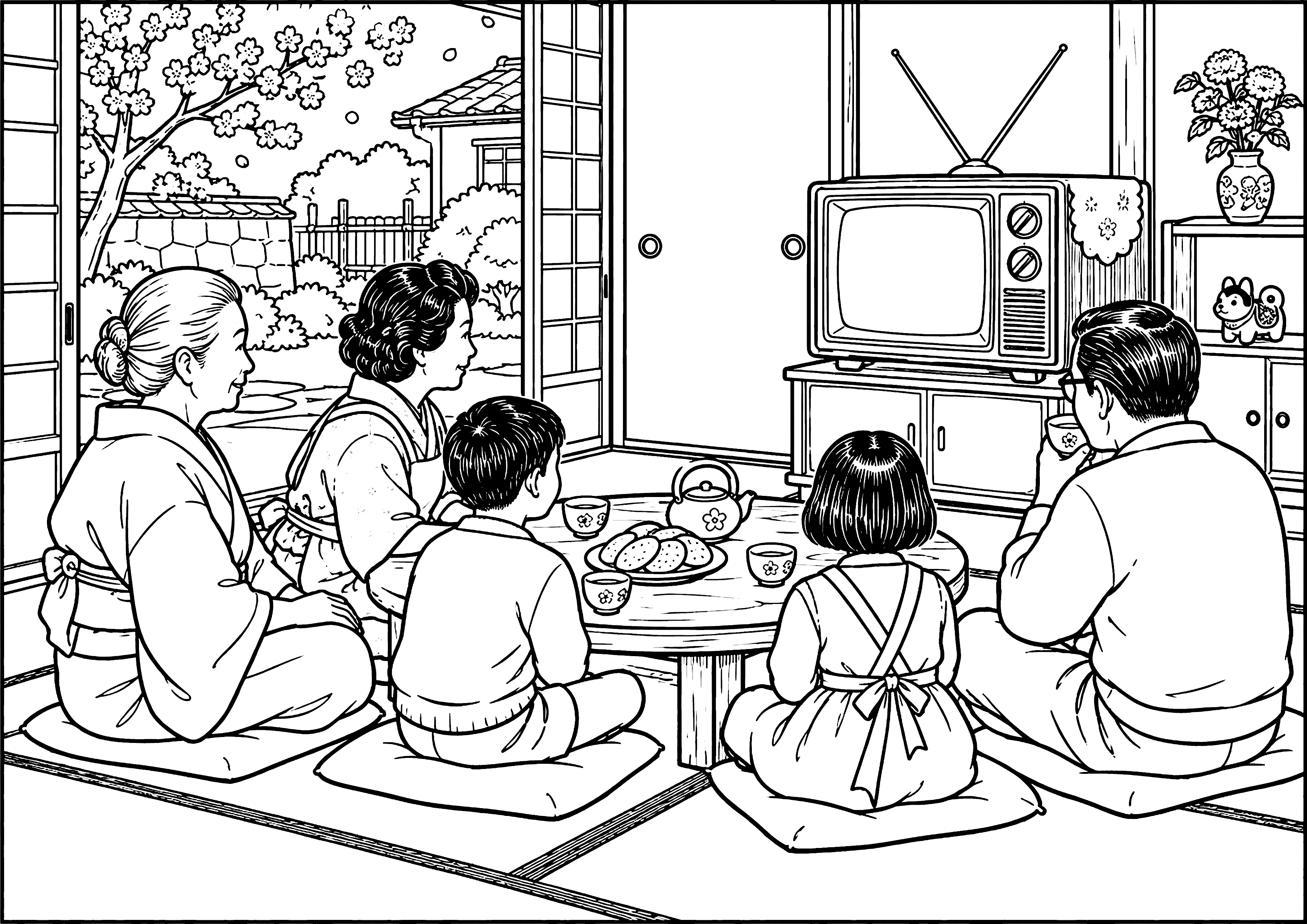 白黒テレビと家族 塗り絵