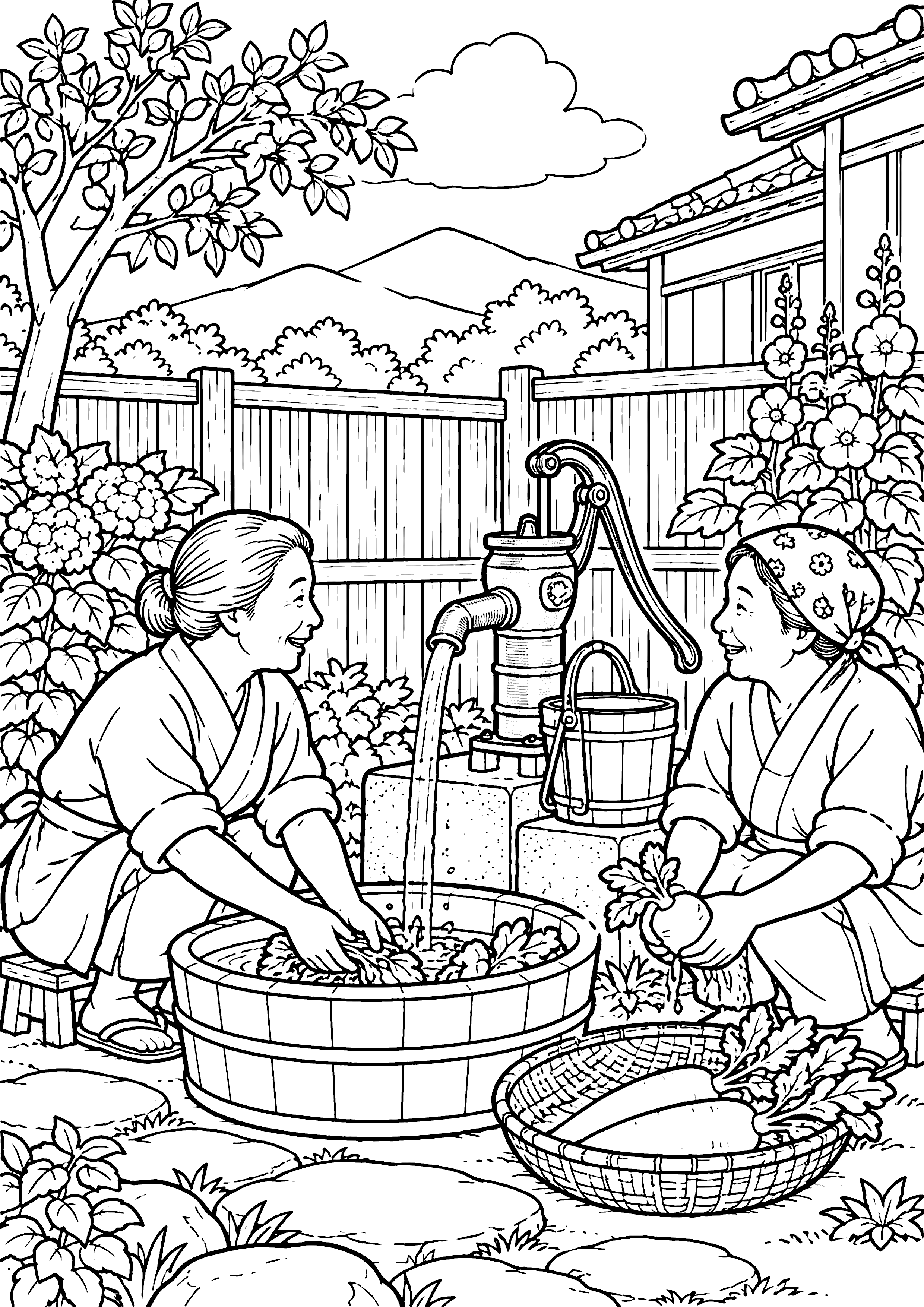 井戸端のポンプ 塗り絵