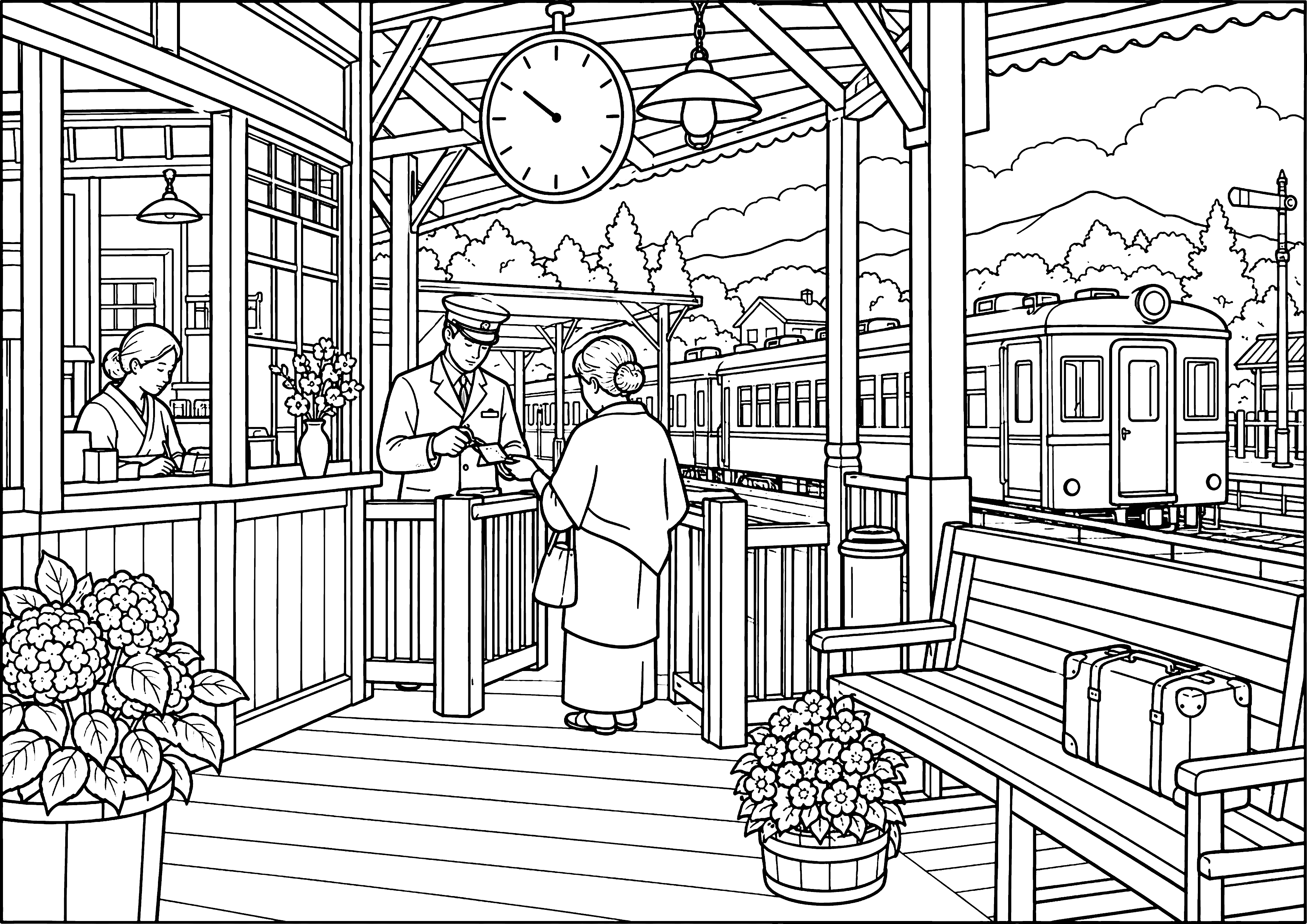 昭和の駅の改札 塗り絵