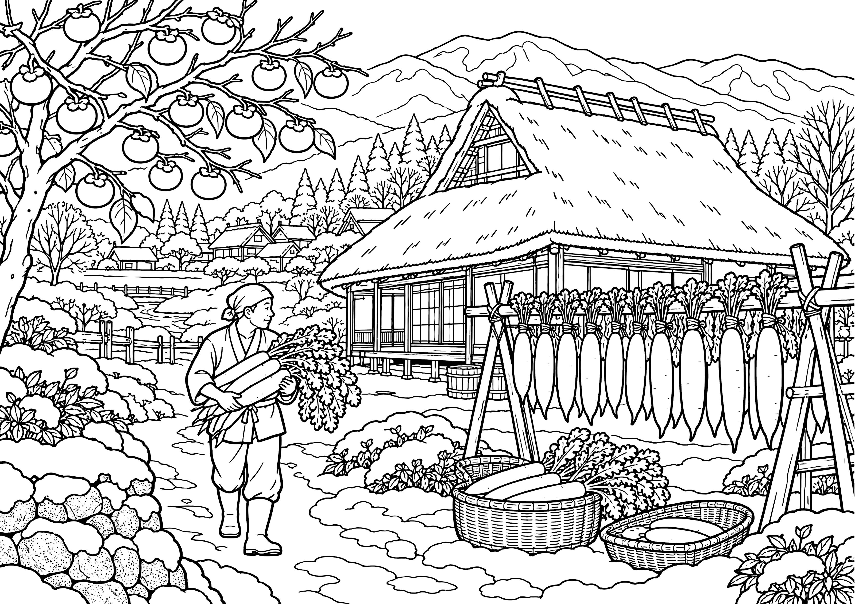 大根干しの農家 塗り絵