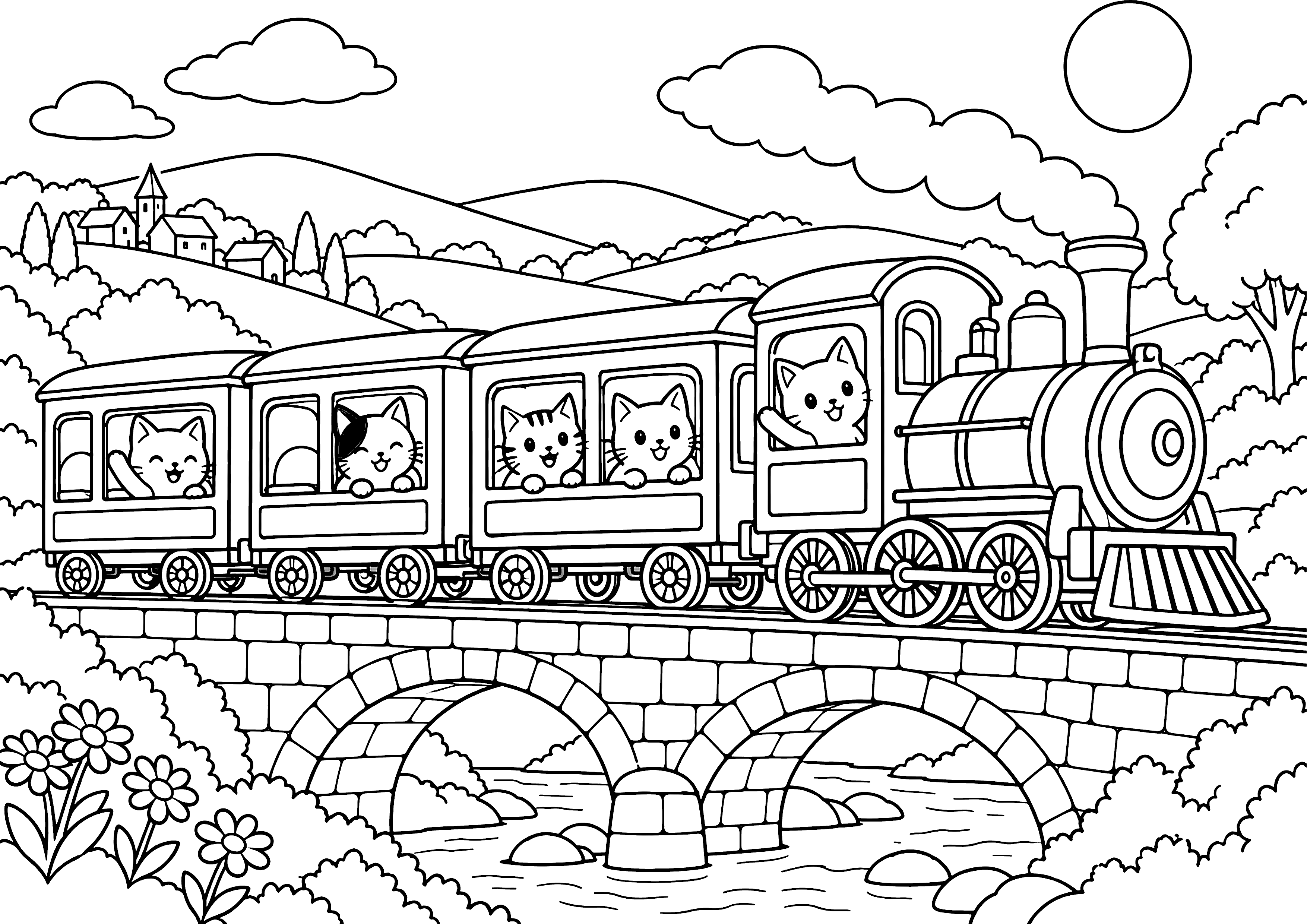 猫たちの汽車旅 塗り絵