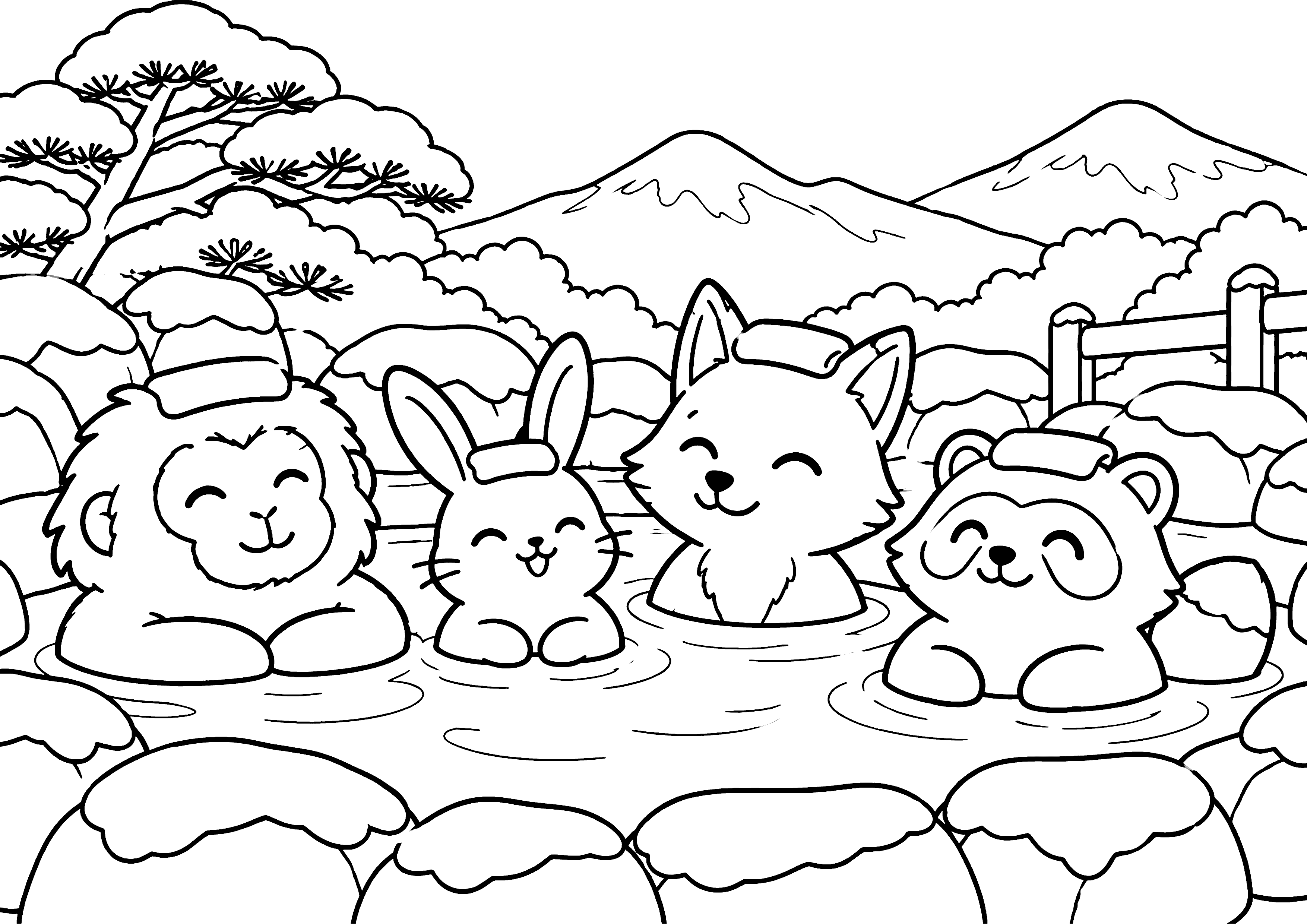 動物たちの露天風呂 塗り絵