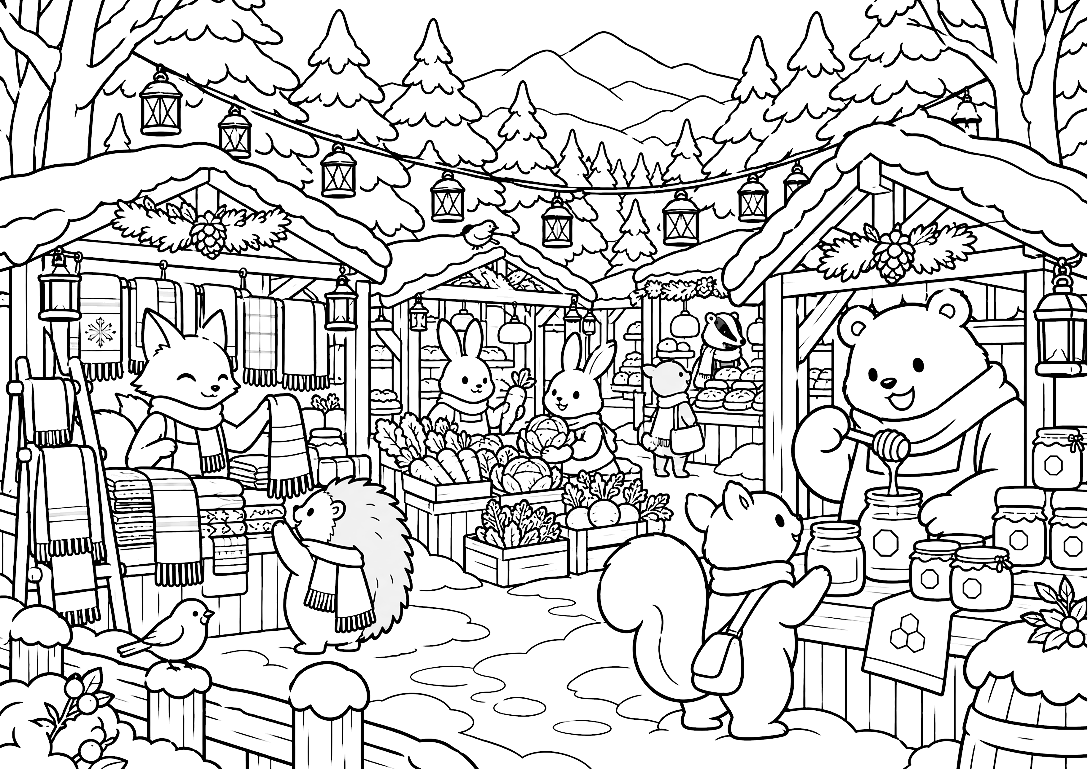 雪の森の動物市場 塗り絵