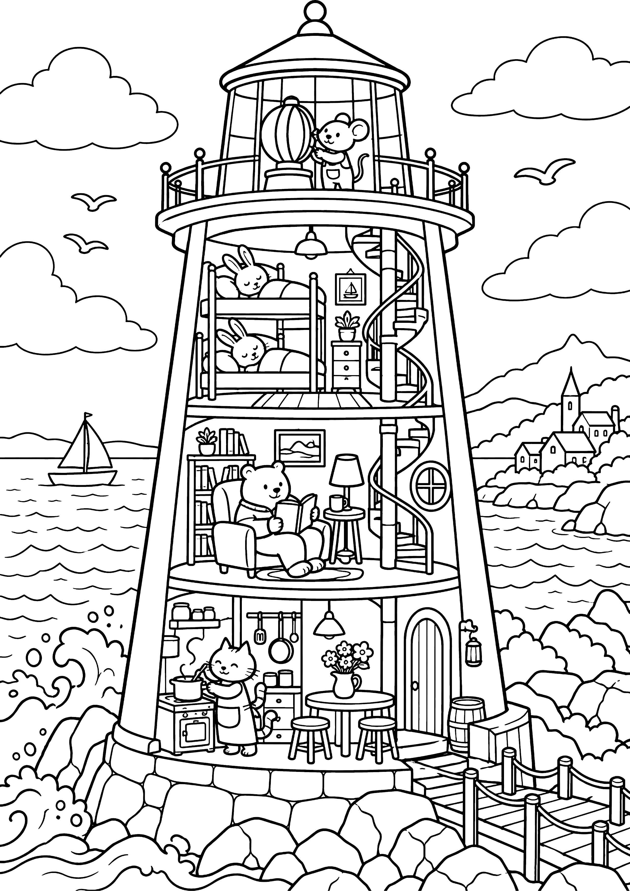灯台に住む動物たち 塗り絵