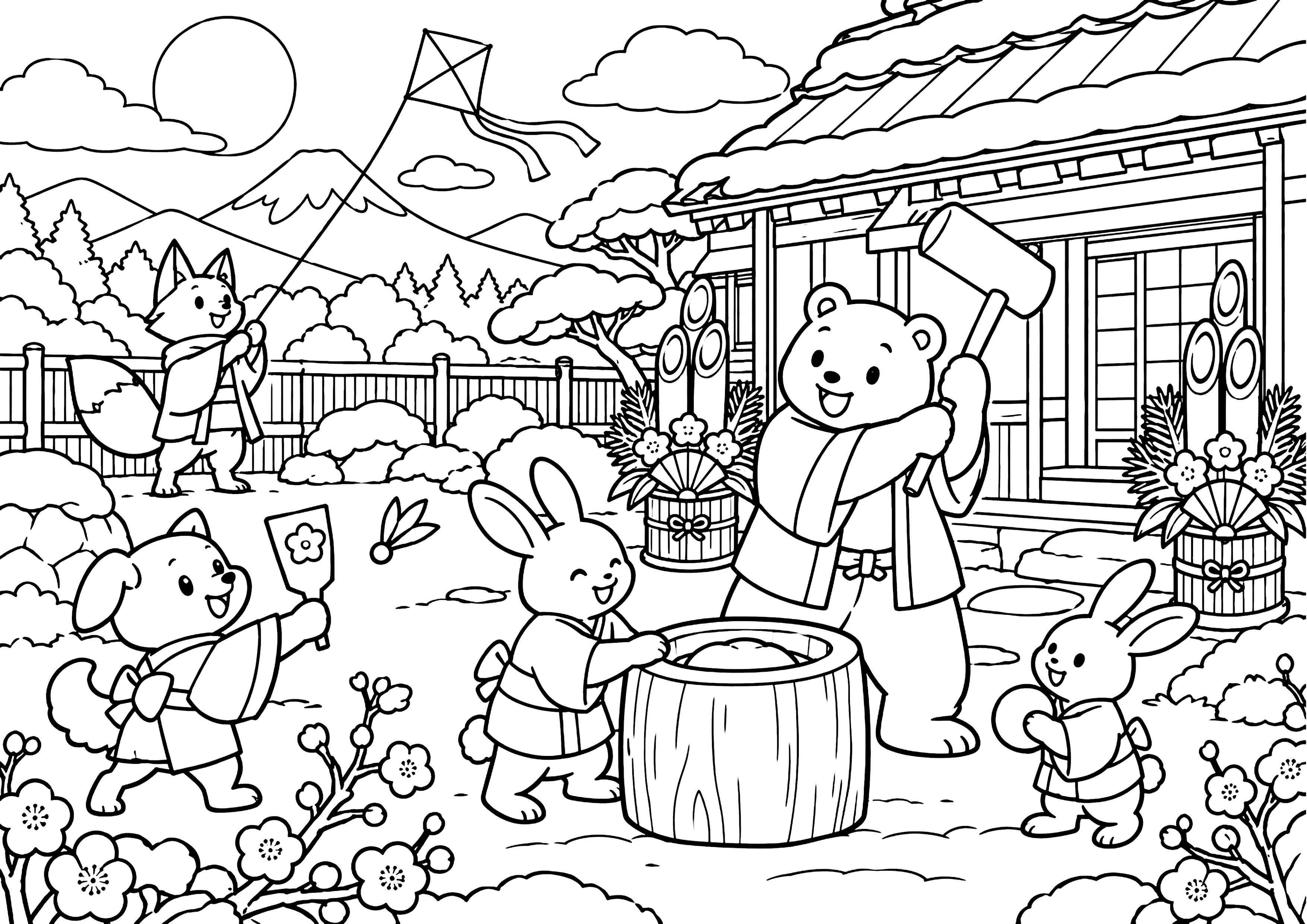 動物たちのお正月 塗り絵