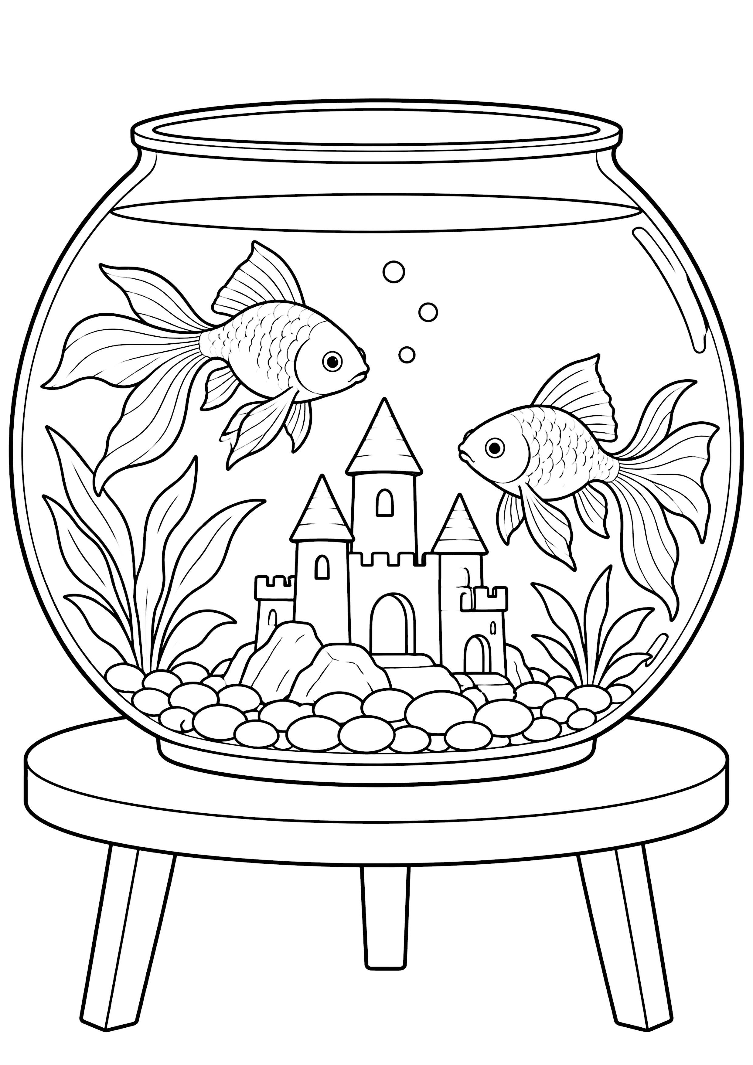 金魚鉢の中のお城 塗り絵