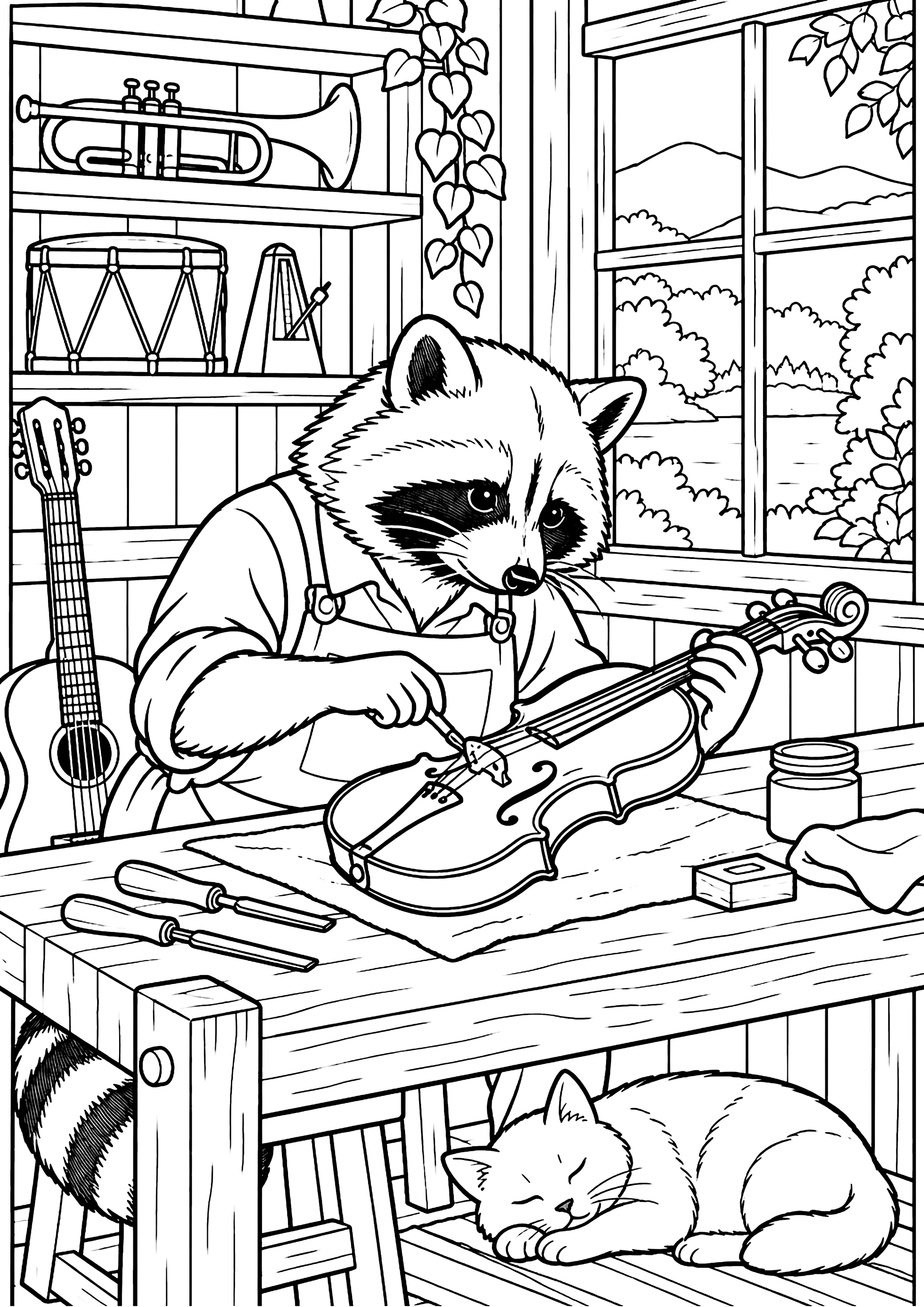 楽器を直すアライグマ 塗り絵