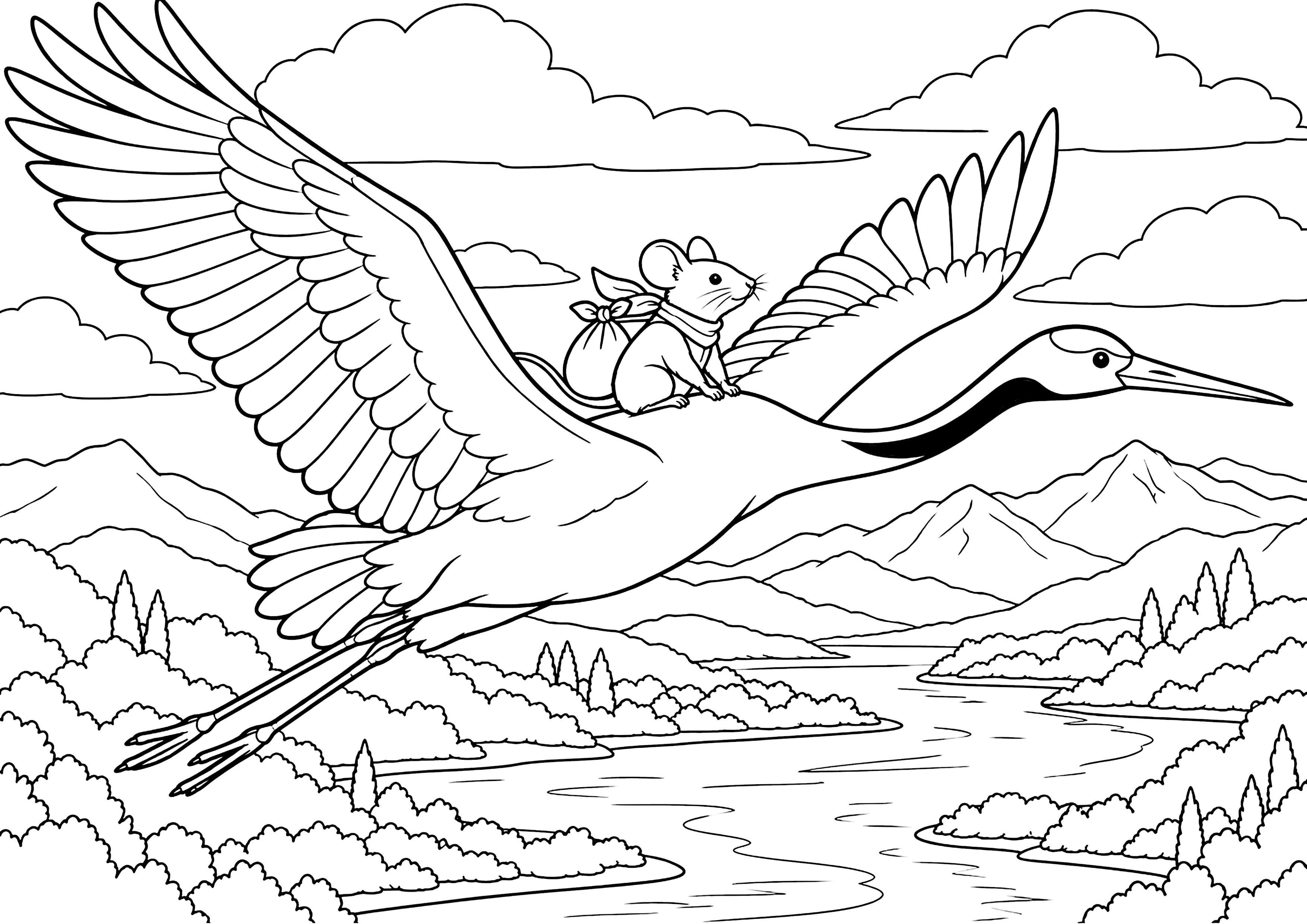 鶴に乗る小さな旅人 塗り絵