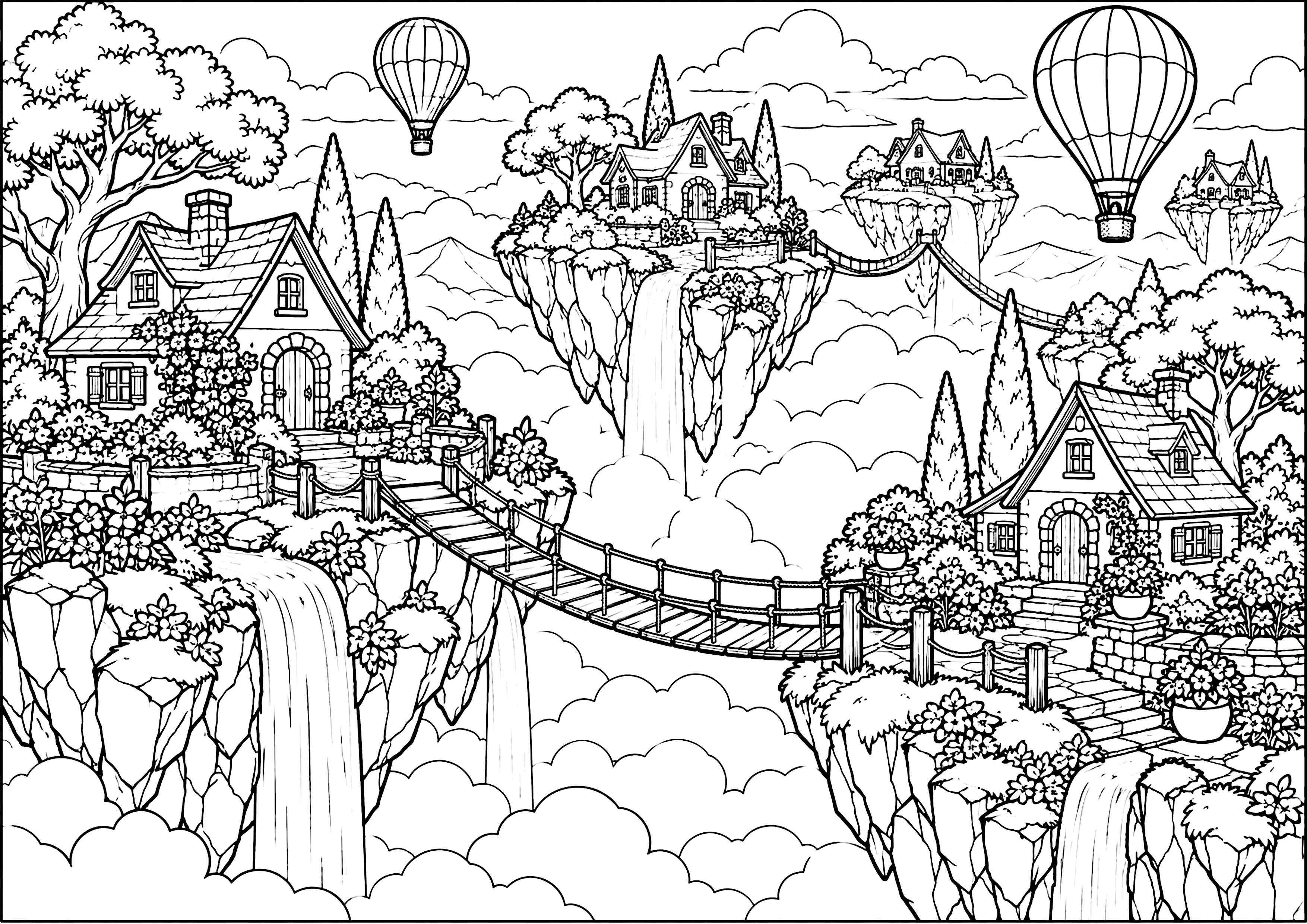 空に浮かぶ島の村 塗り絵
