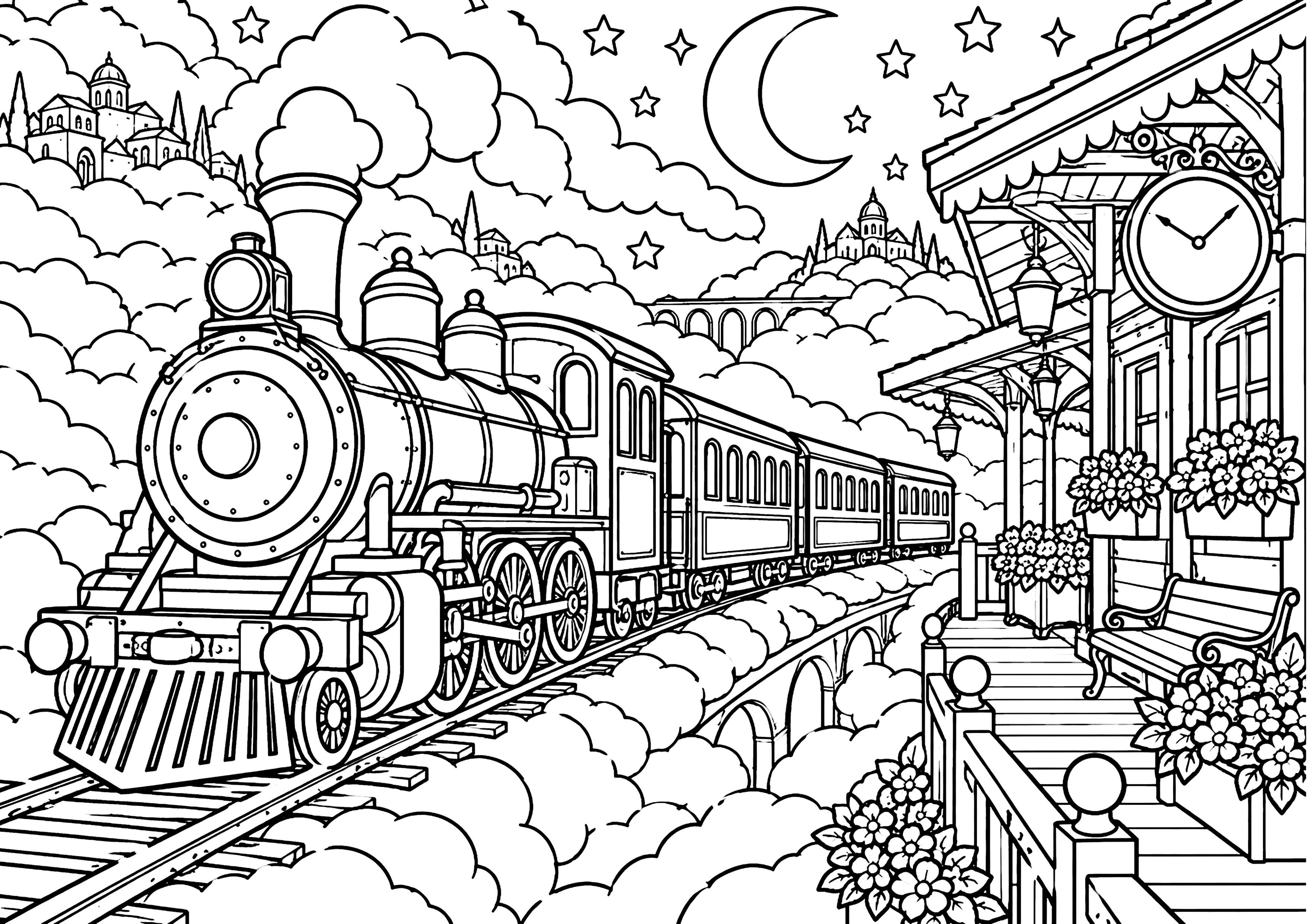 雲の上を走る汽車 塗り絵