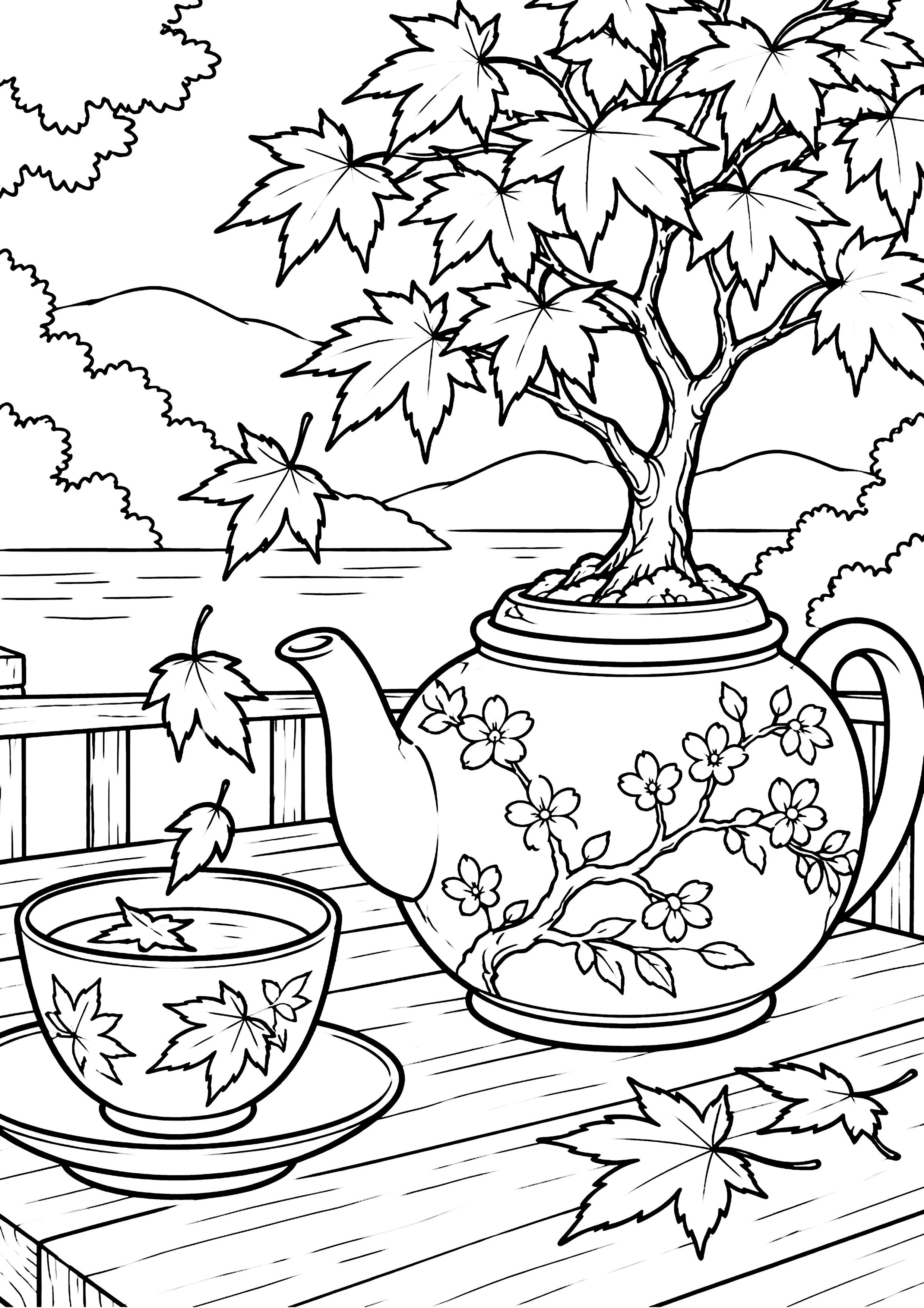 ティーポットから伸びる紅葉の木 塗り絵