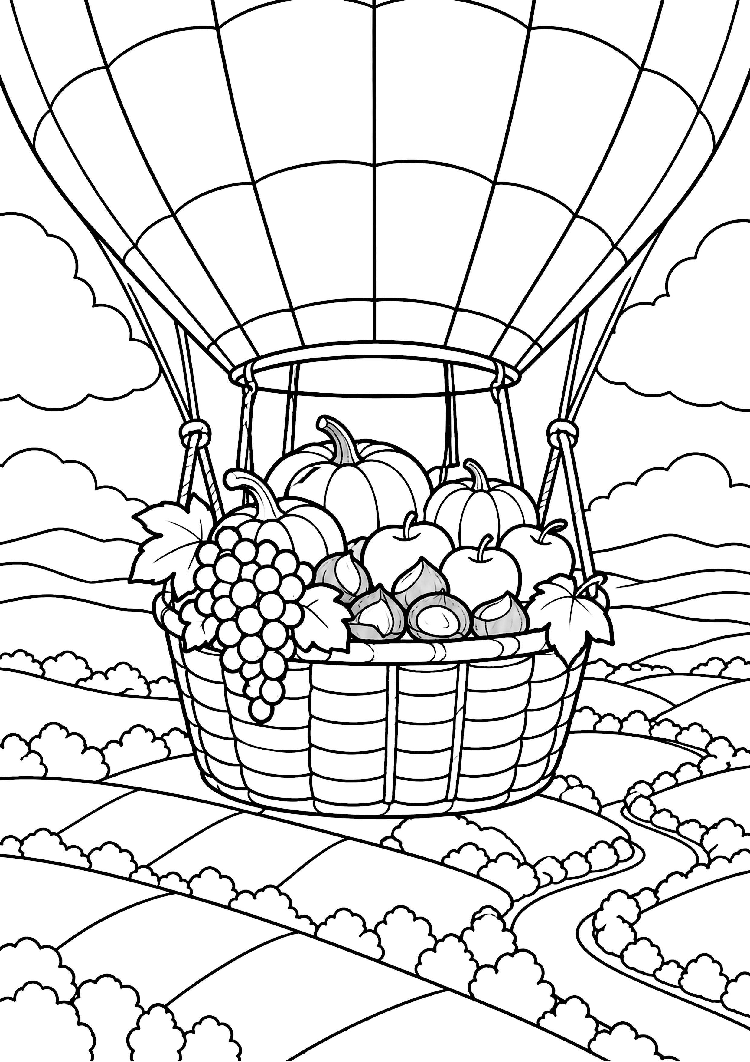 秋の実りの気球 塗り絵