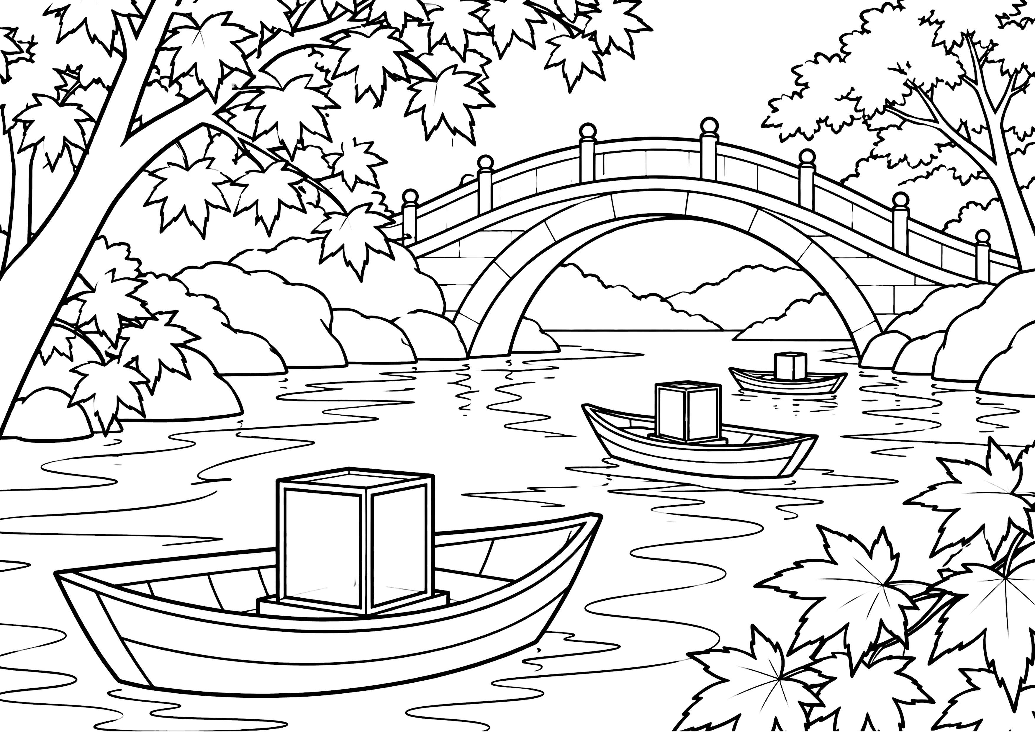 紅葉の川をゆくランプの舟 塗り絵