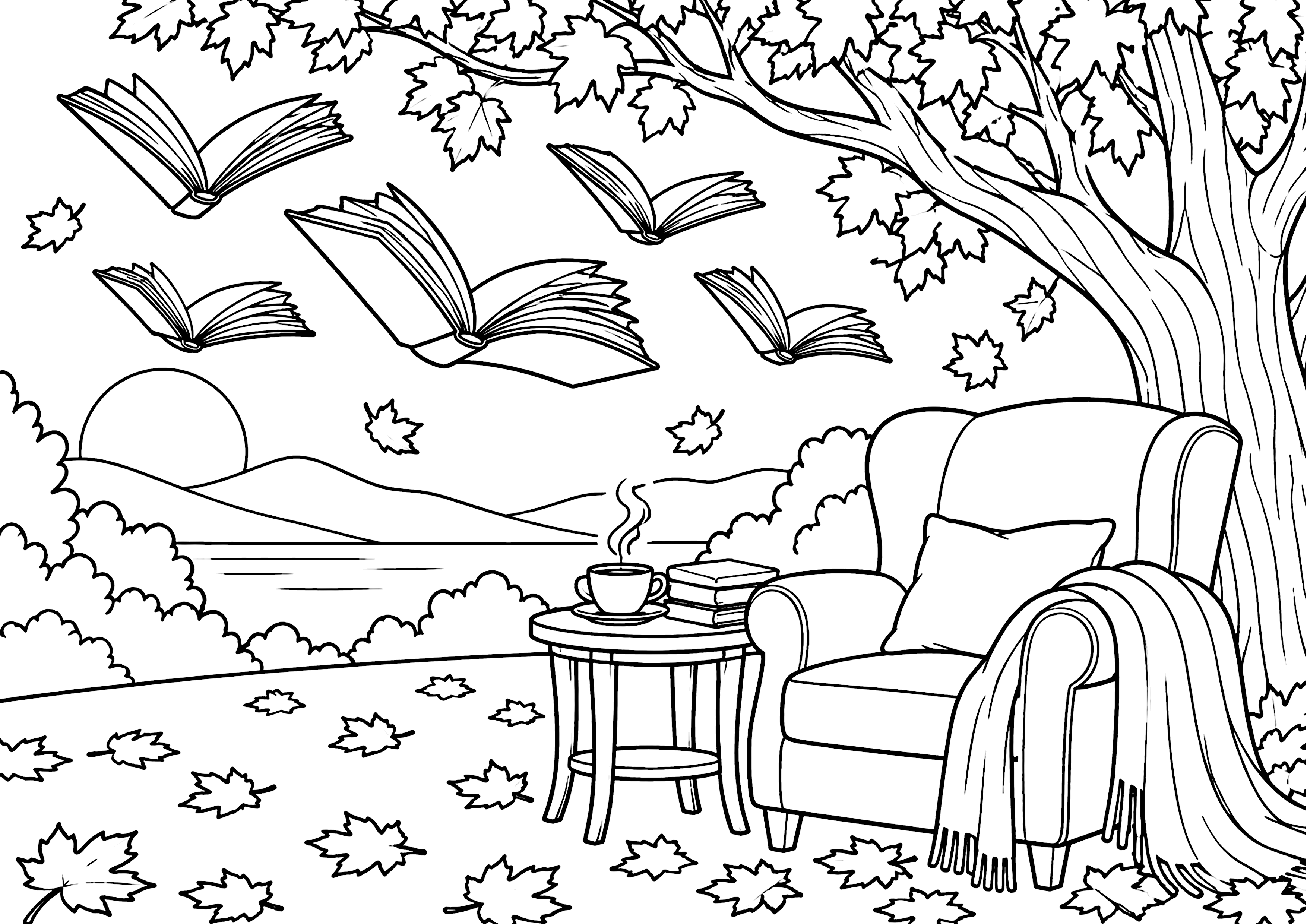 空を飛ぶ本と読書の庭 塗り絵