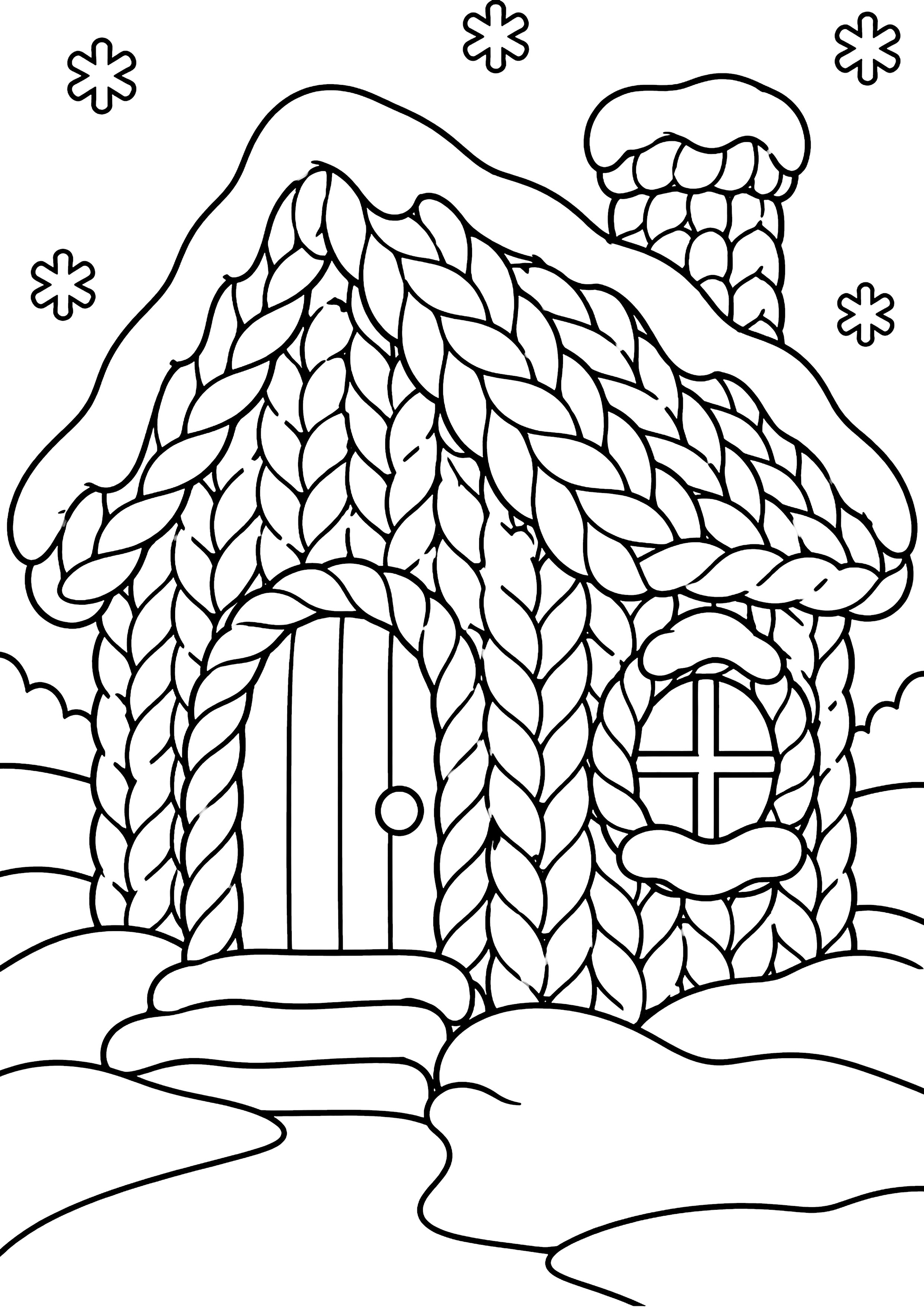 毛糸で編まれた冬の家 塗り絵
