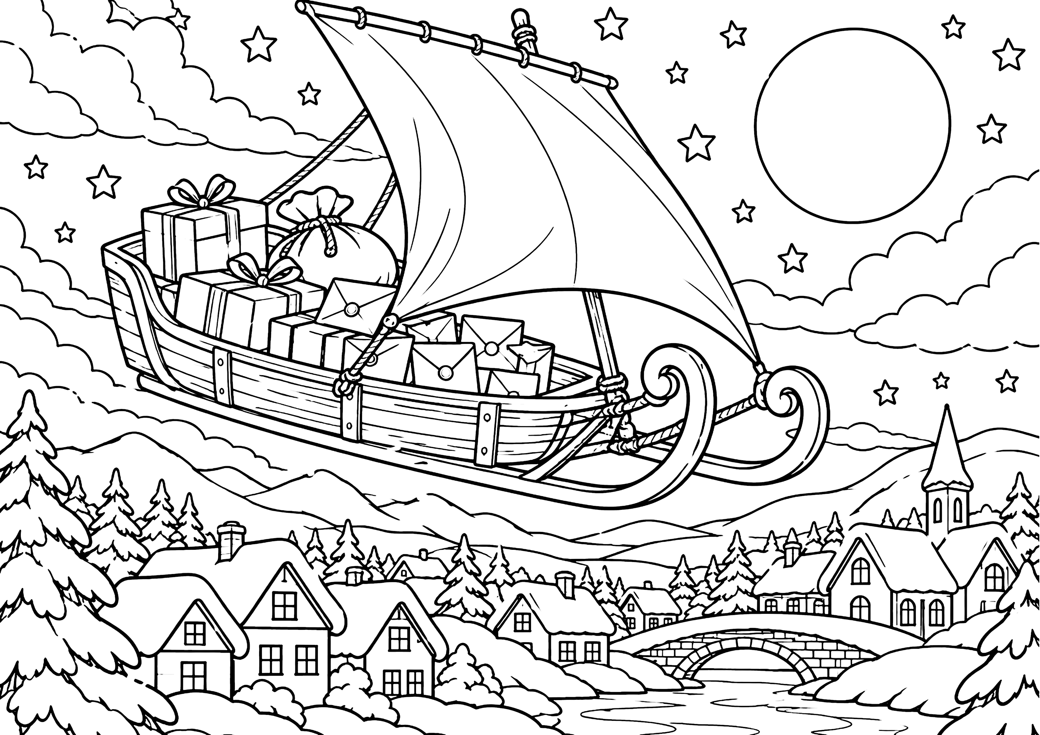空飛ぶ郵便そり 塗り絵