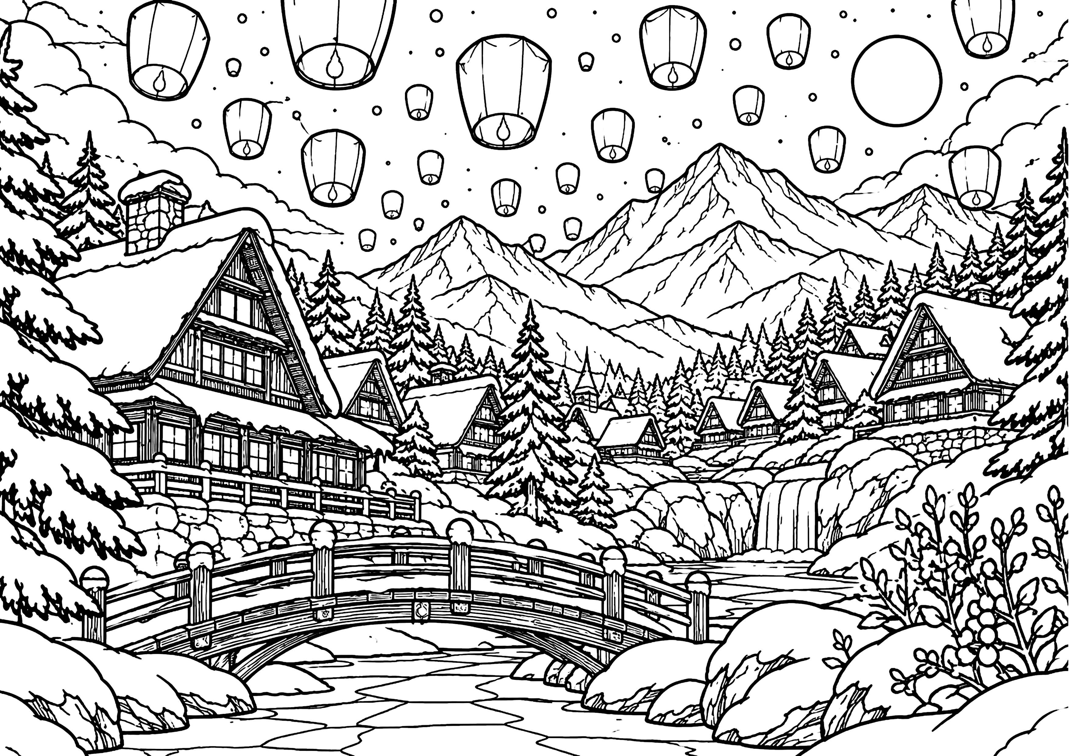 雪の夜に灯る空のランタン 塗り絵