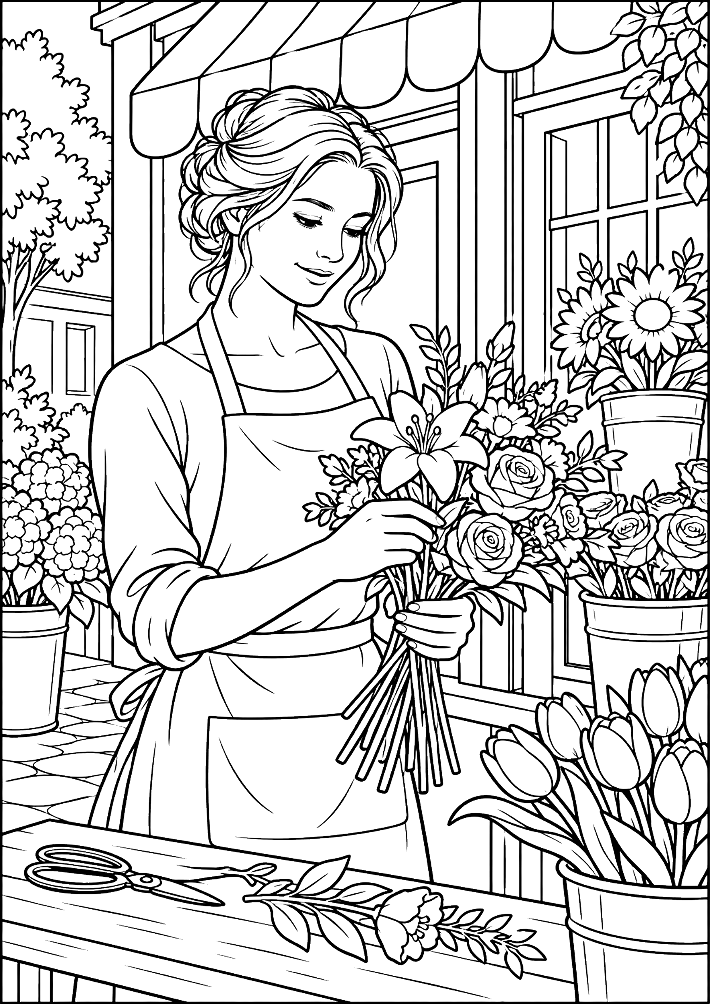 花屋の店先の女性 塗り絵