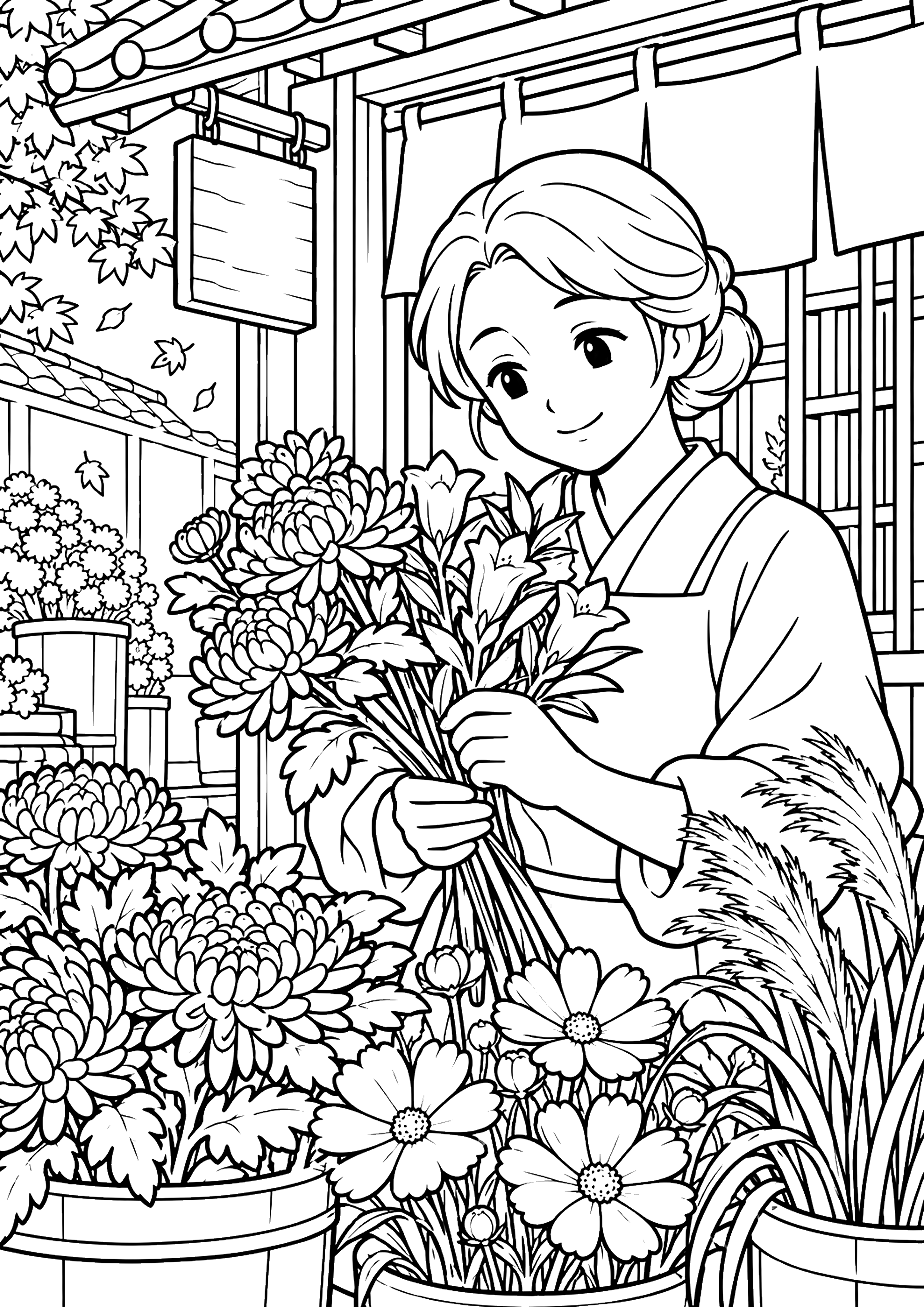 町の花屋の女性 塗り絵