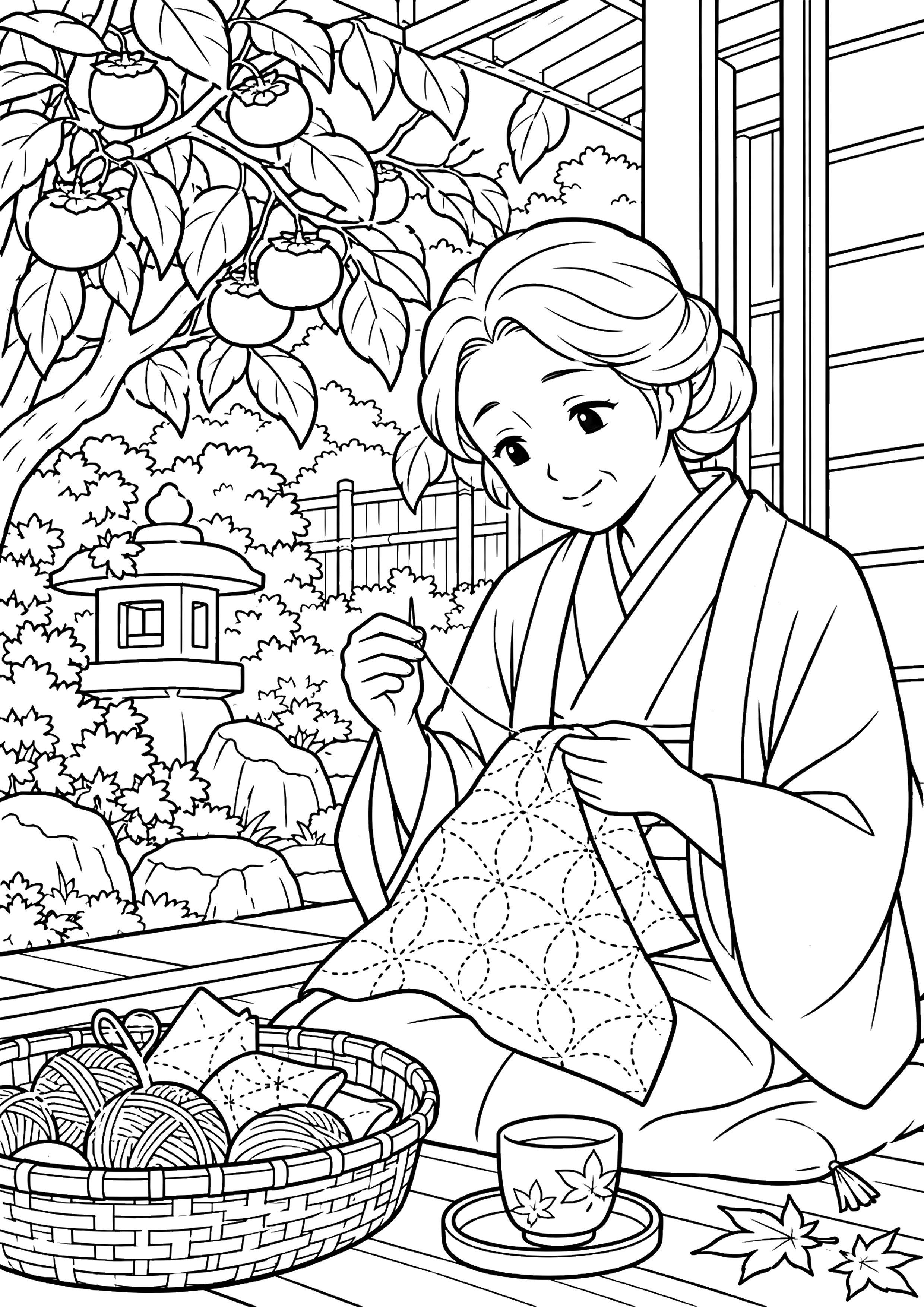 縁側で刺し子をする女性 塗り絵