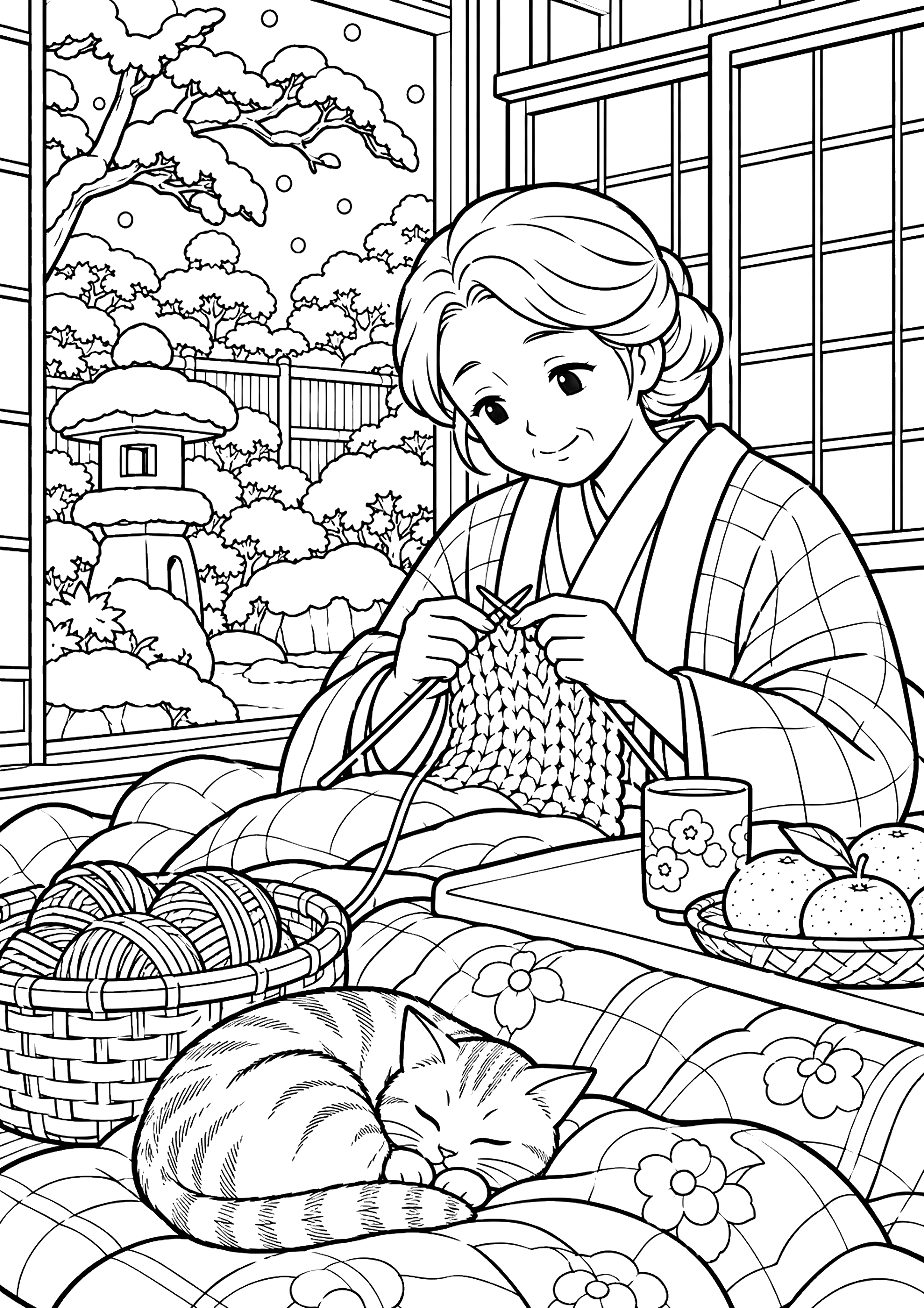 こたつで編み物をする女性 塗り絵