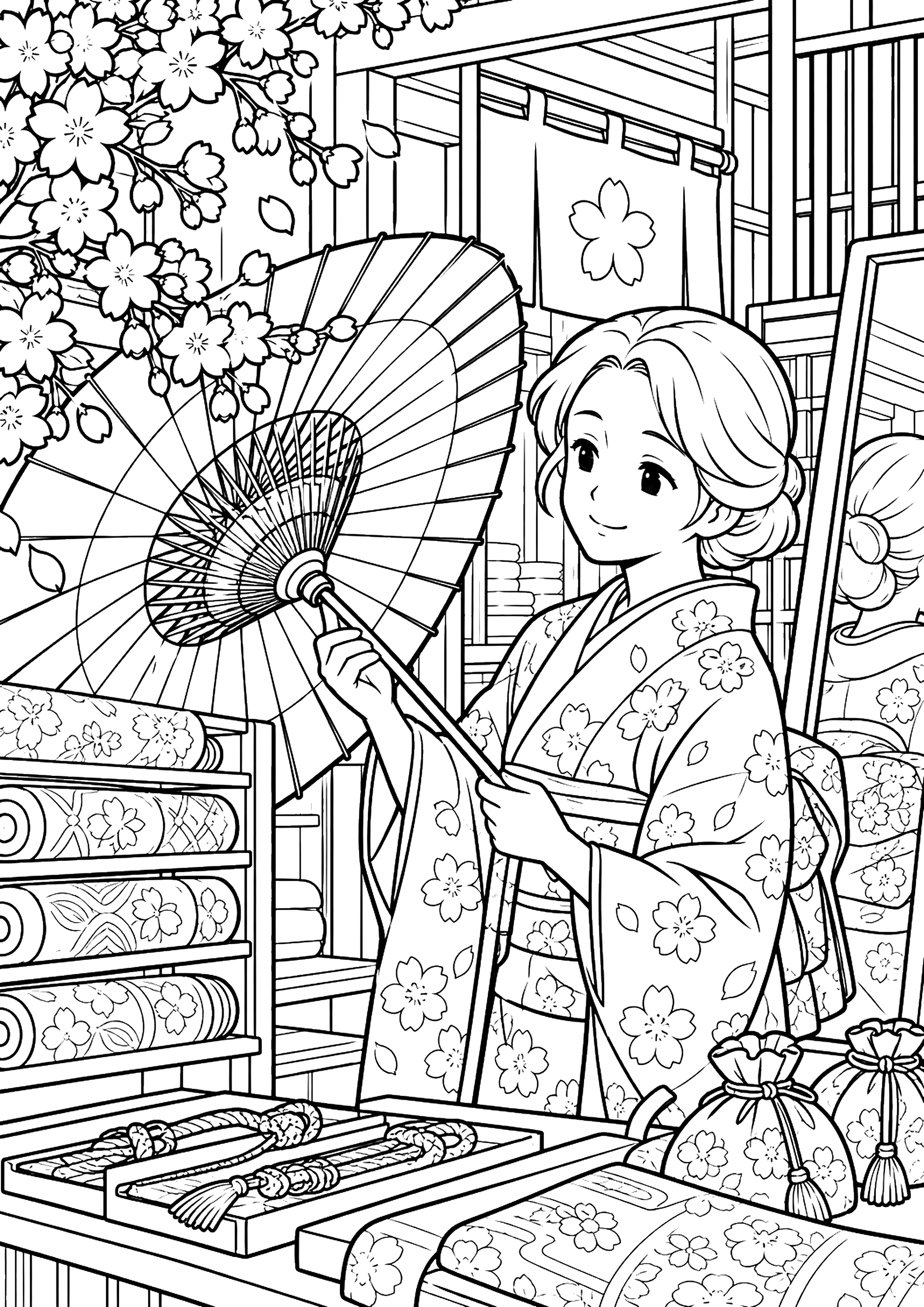 呉服店で和傘を見る女性 塗り絵