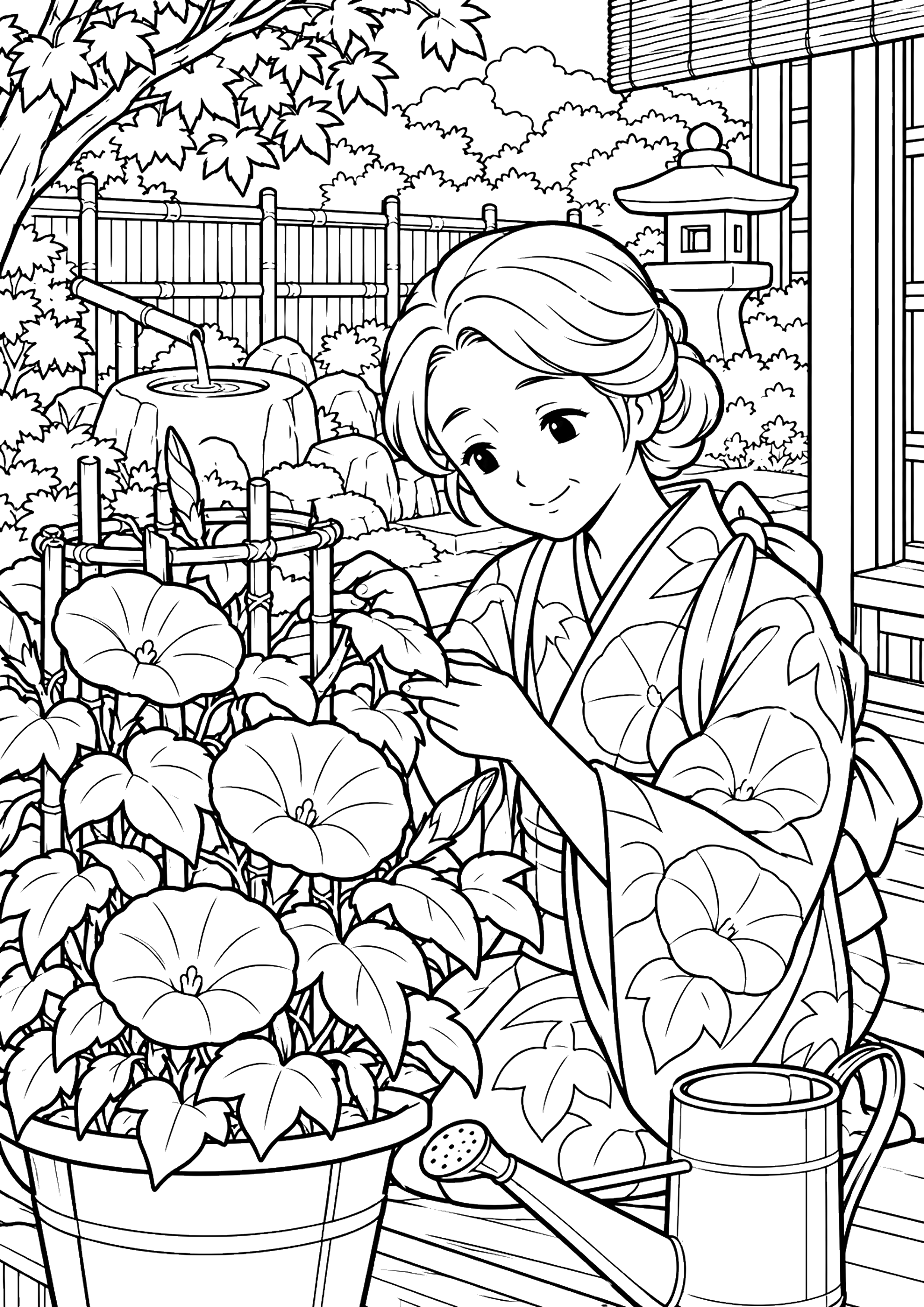 朝顔の手入れをする女性 塗り絵