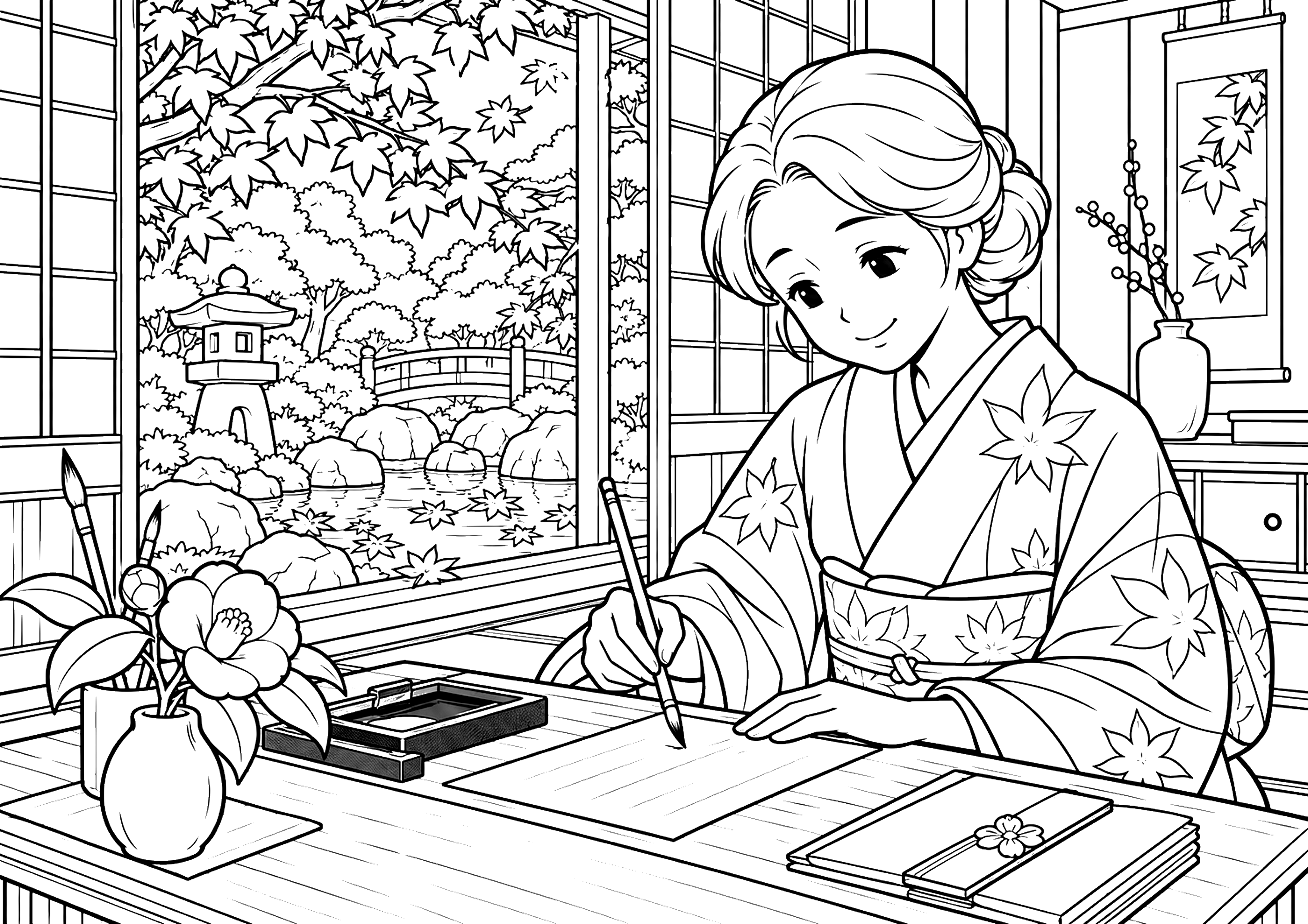 文机で手紙を書く女性 塗り絵