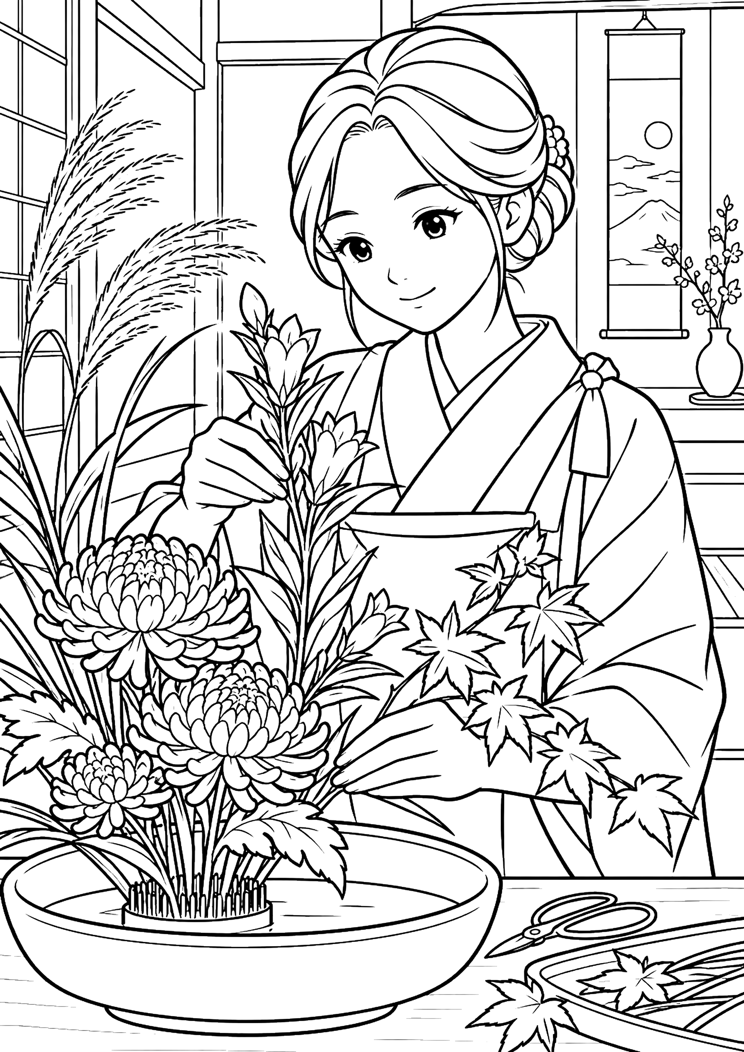 生け花をする女性 塗り絵