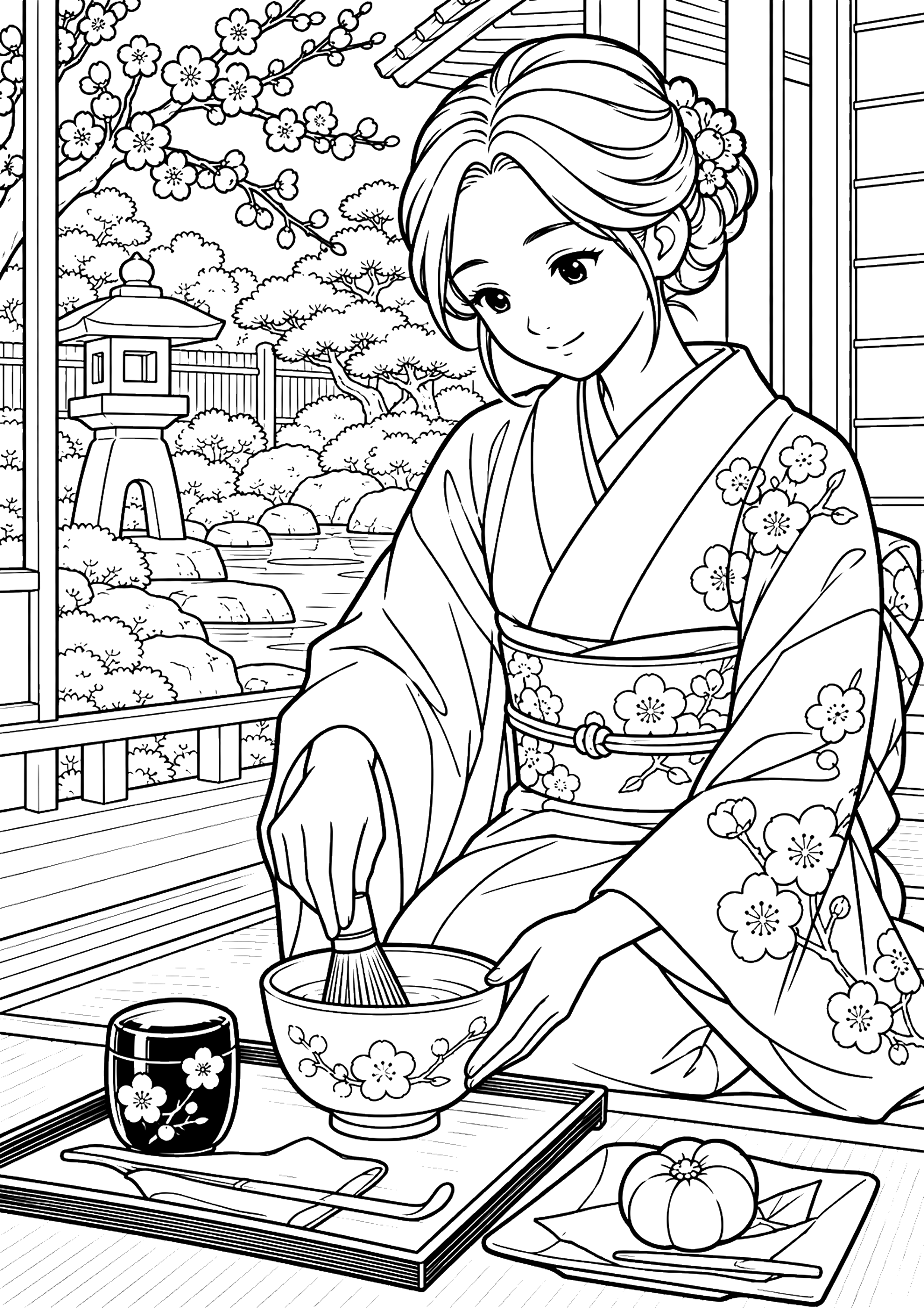 縁側でお茶を点てる女性 塗り絵