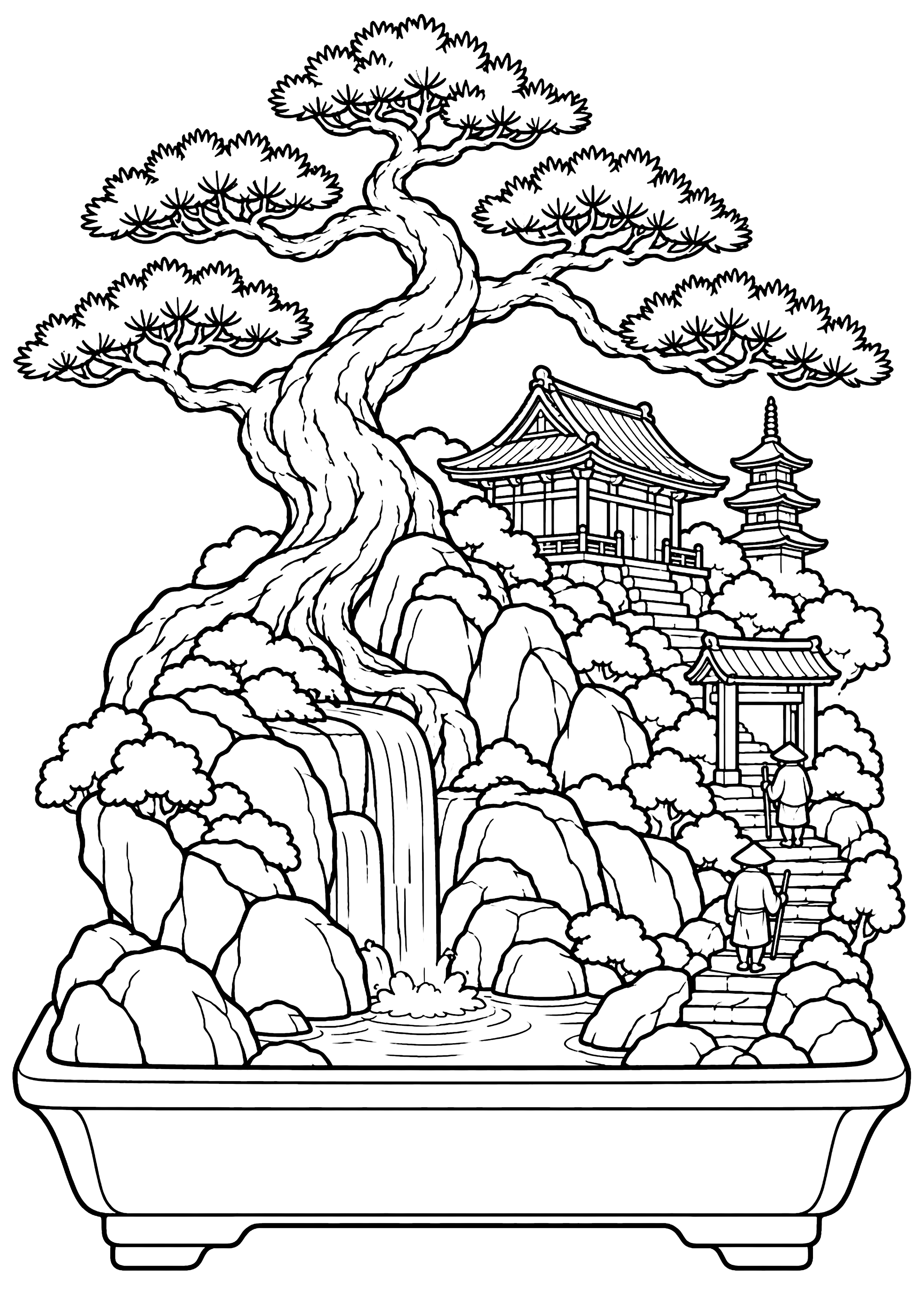 盆栽の中の山寺 塗り絵