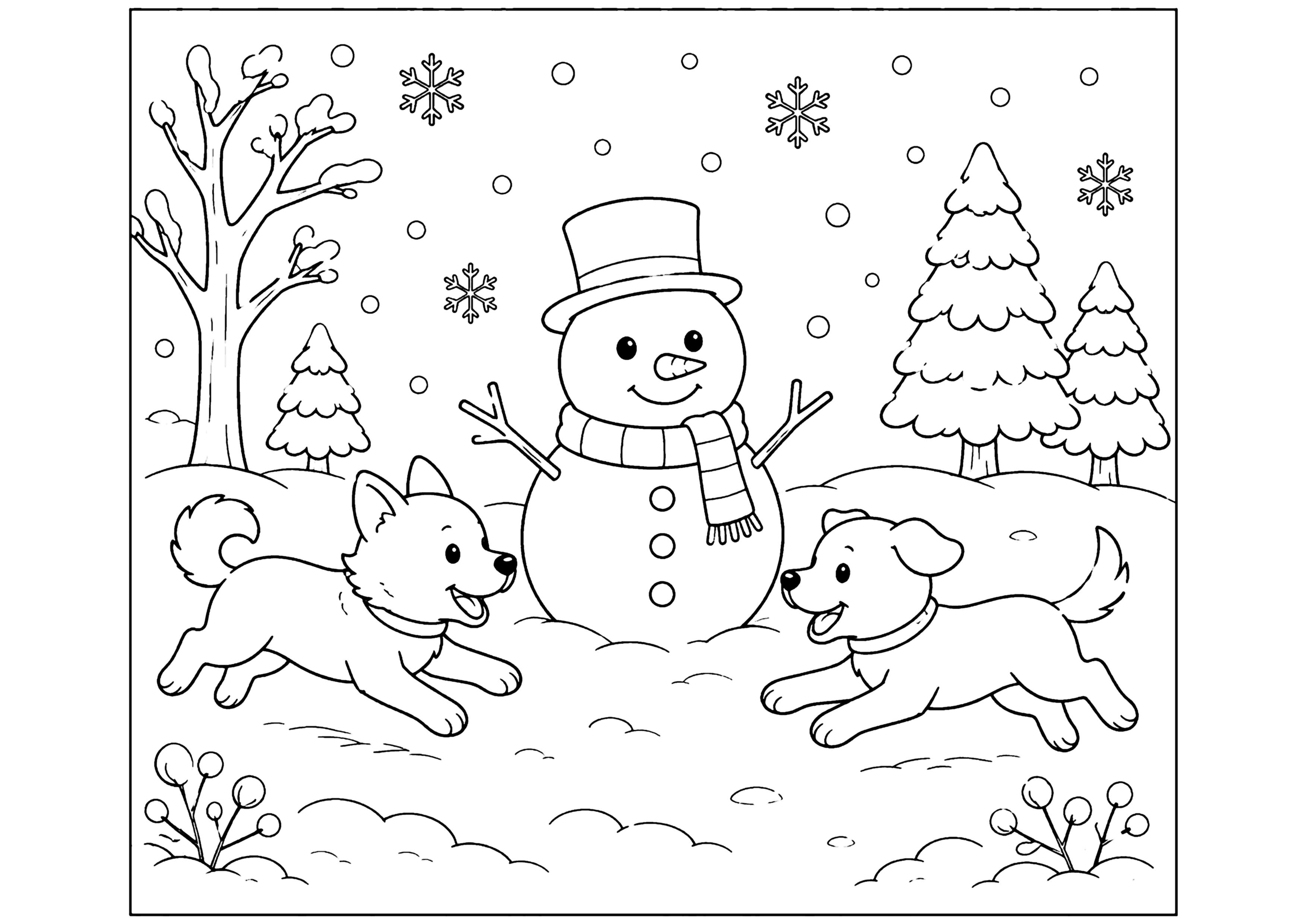 雪だるまと犬 塗り絵