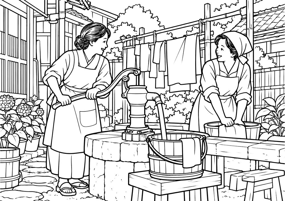 井戸端会議 塗り絵