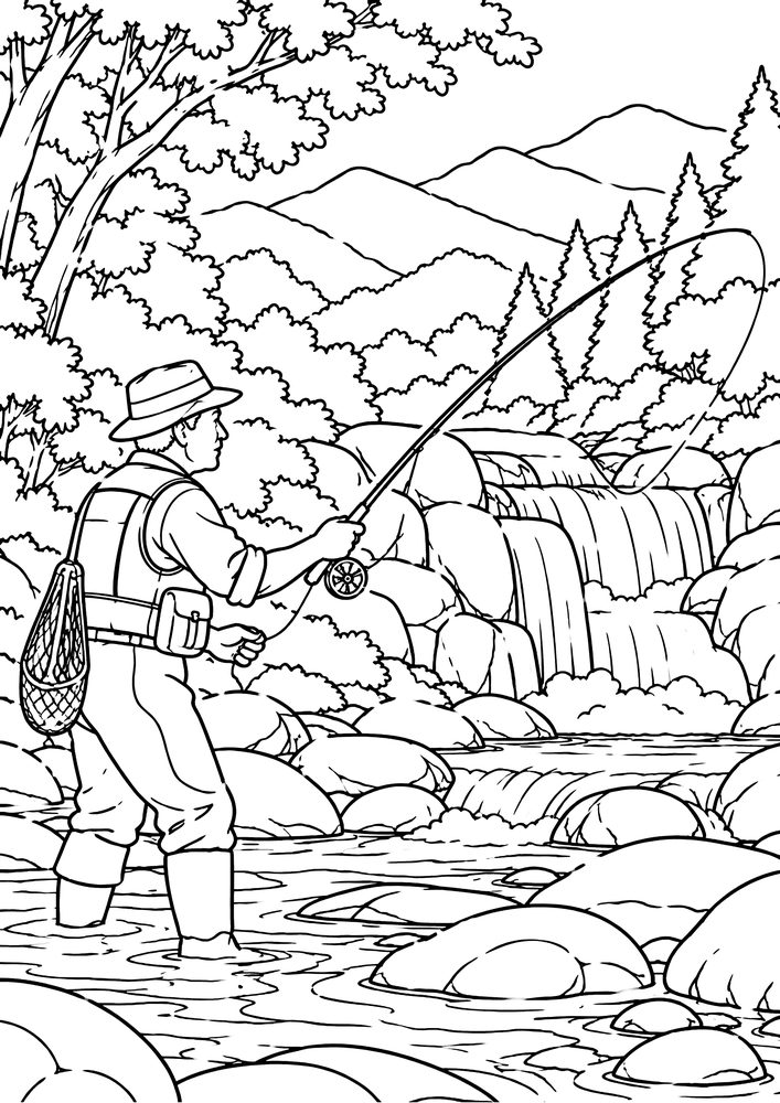 渓流釣り 塗り絵