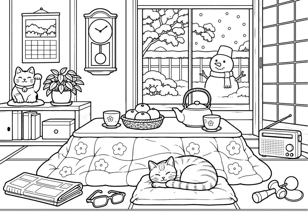こたつのある冬の茶の間 塗り絵