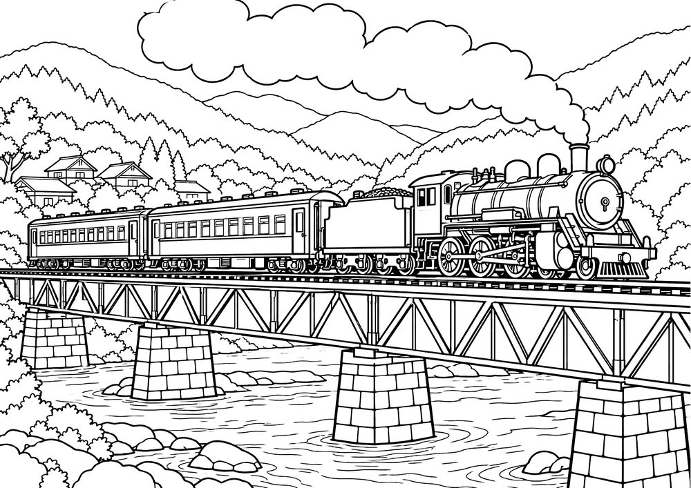 蒸気機関車と鉄橋 塗り絵