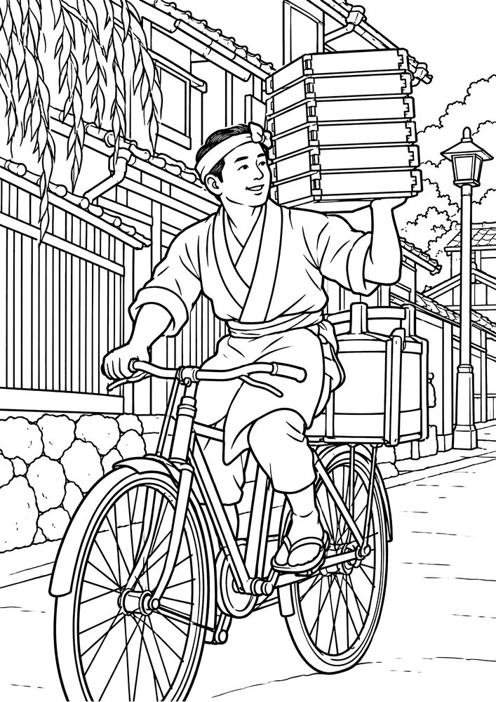 そば屋の出前 塗り絵