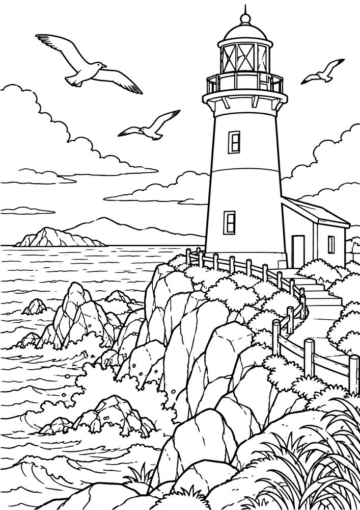 灯台と海 塗り絵