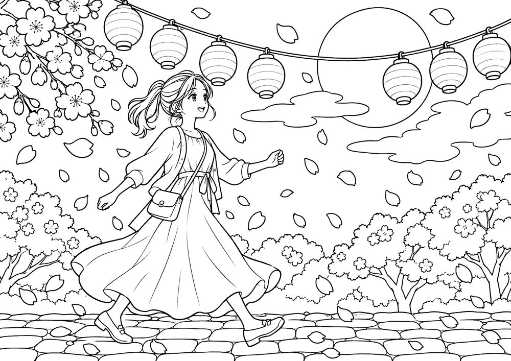 春の夜をずんずん歩く女性 塗り絵