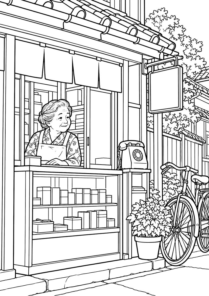 たばこ屋の店先と赤電話 塗り絵